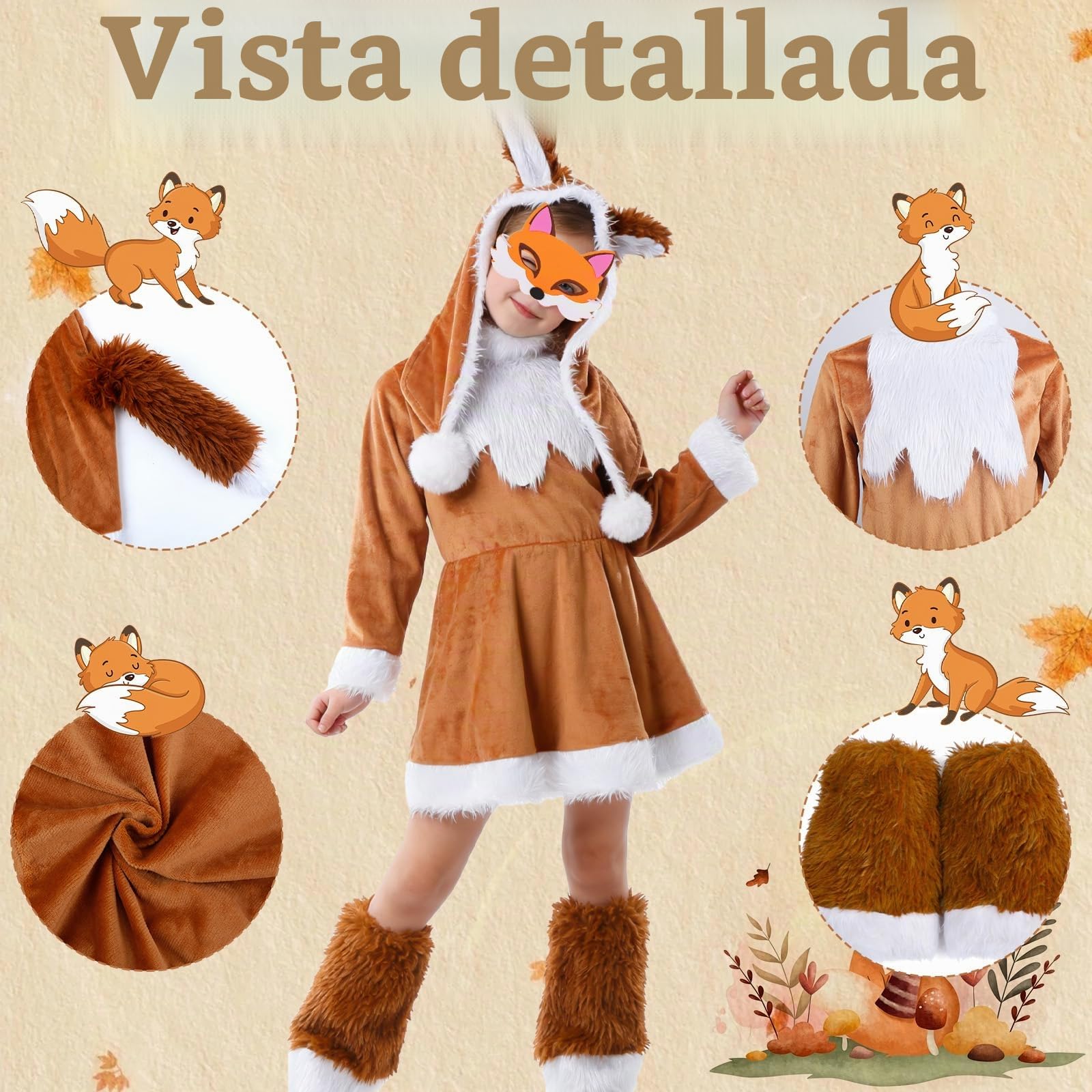 Disfraz de zorro para niños, disfraz de zorro, incluye sombrero, funda para zapatos, máscara de cara, disfraz de zorro para disfraz de carnaval para niños y niñas, disfraz de niño de los