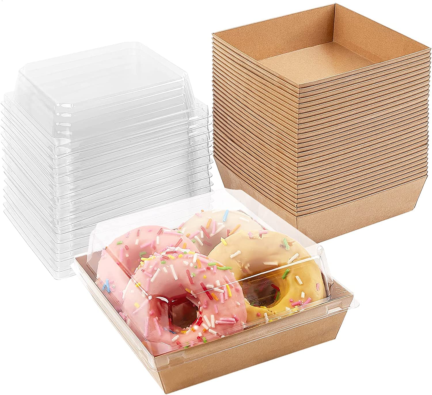 CHERRY 60-Pack Brown 5inch Square Charcuterie Box with Clear Lids,5.3×4.9inch Kraft Cardboard Bakery Safe Boxes for Small Dessert To-go Boxes,Bento Take out Paper Box Sandwich Cake Slice Container
