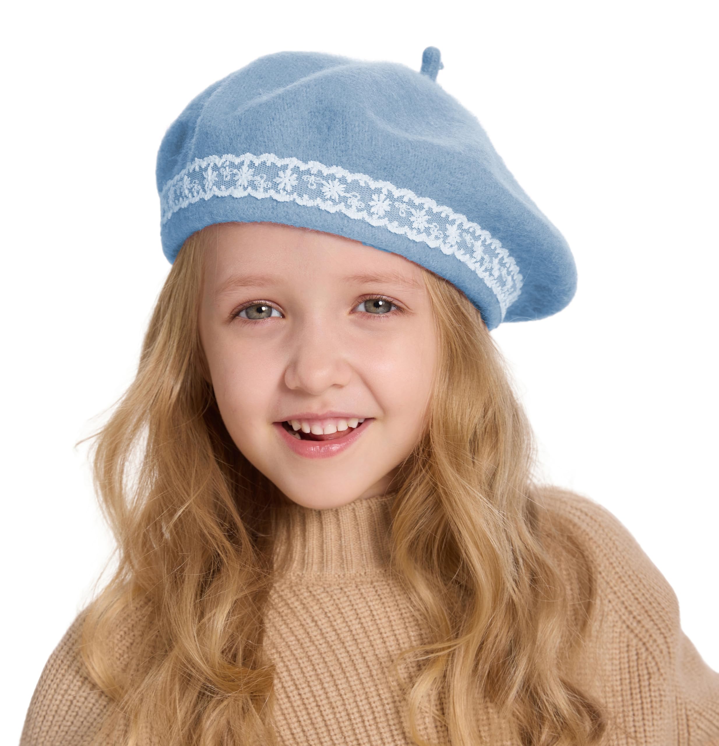 ZLYC Wool Kids Beret Hat Girls Solid Color Artist French Beret Cap(Lace Sky Blue),One Size