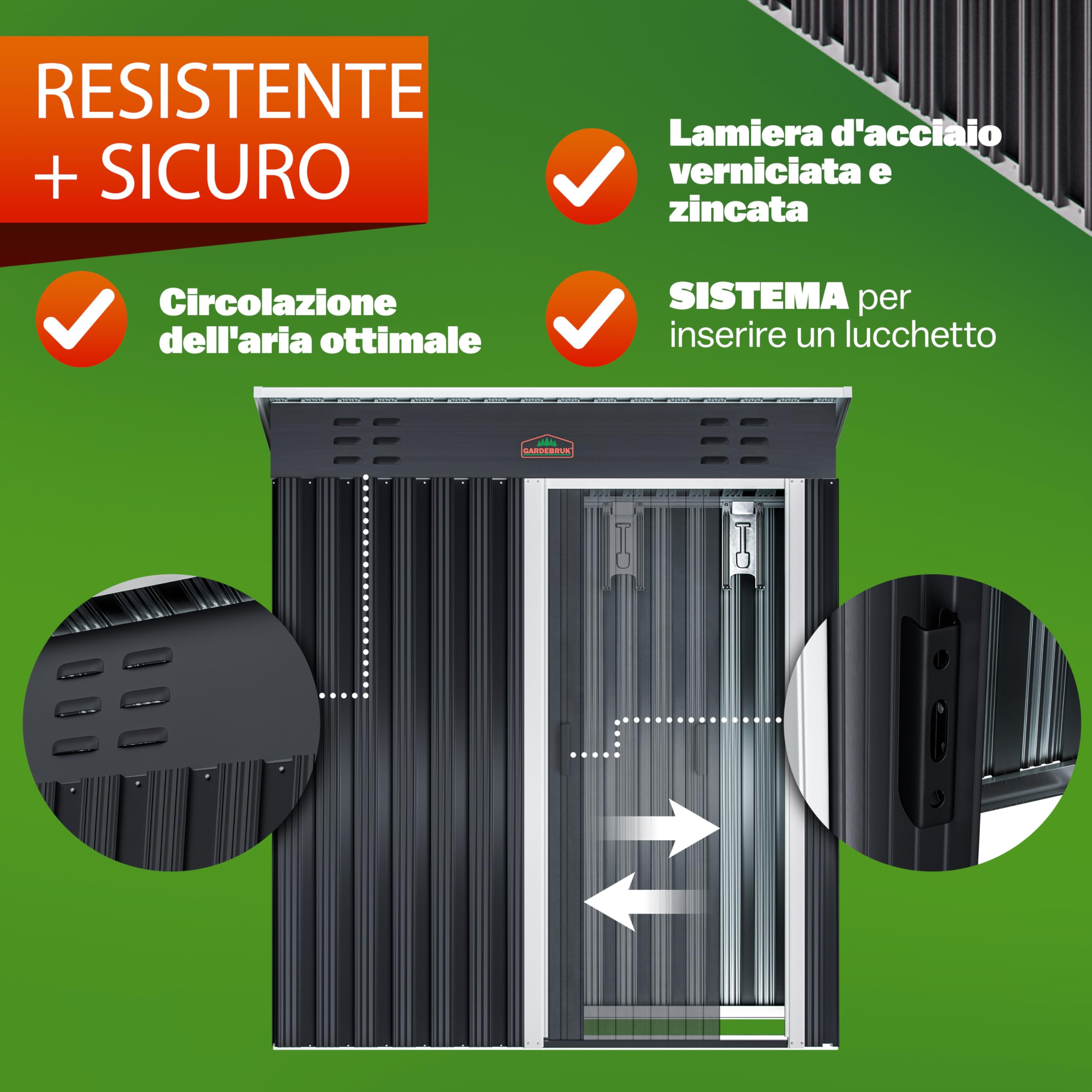 GARDEBRUK Casetta da Giardino Porta Attrezzi 185x165x90cm 1,5m² con Porta Scorrevole Armadio da Esterno in Metallo
