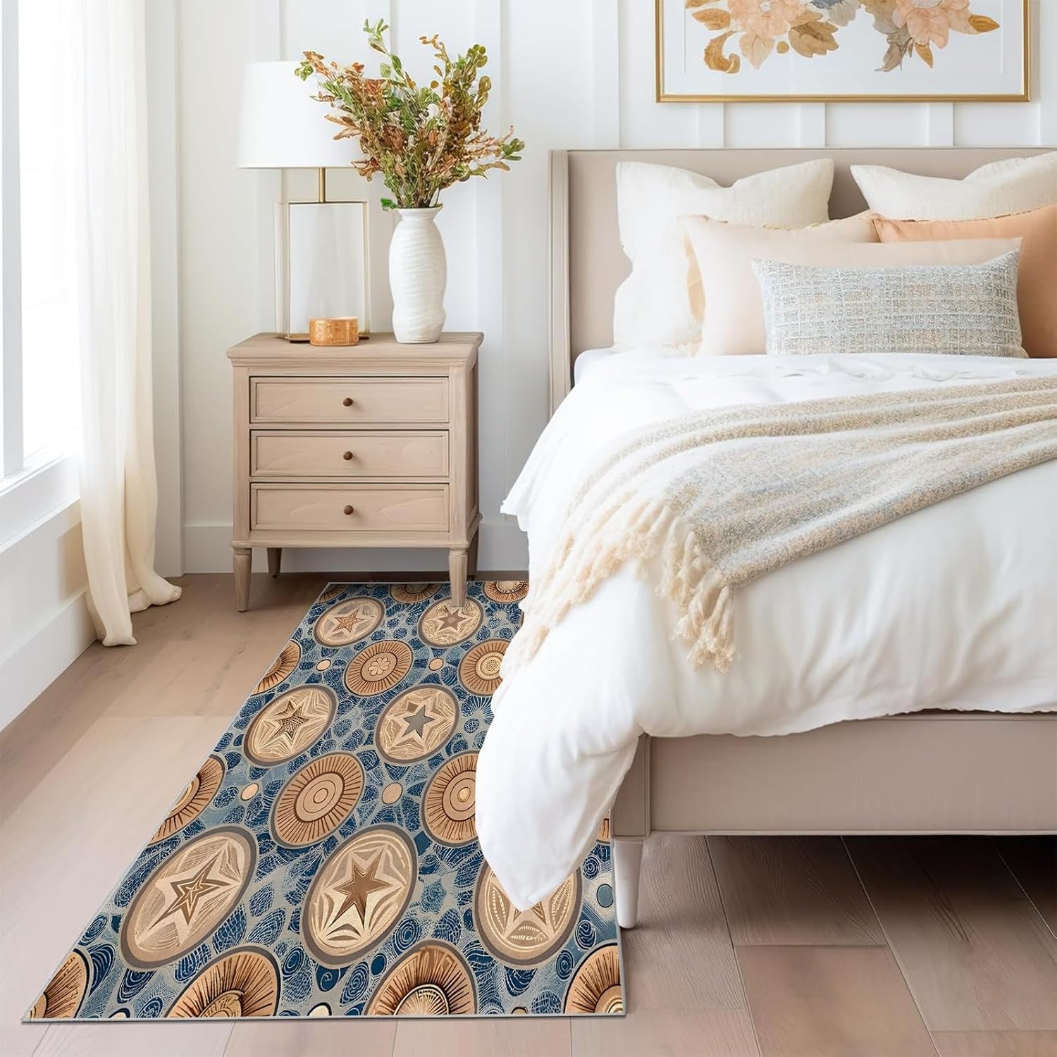 High Traffic 5x7 Rug - Colorful Boho Rug 8x10 - Ivory Pink Fabric Area Rug for Bedroom Living, Floral Vintage Carpet, Non Slip & Soft Low Pile Indoor Washable Rugs for Women Teens A60