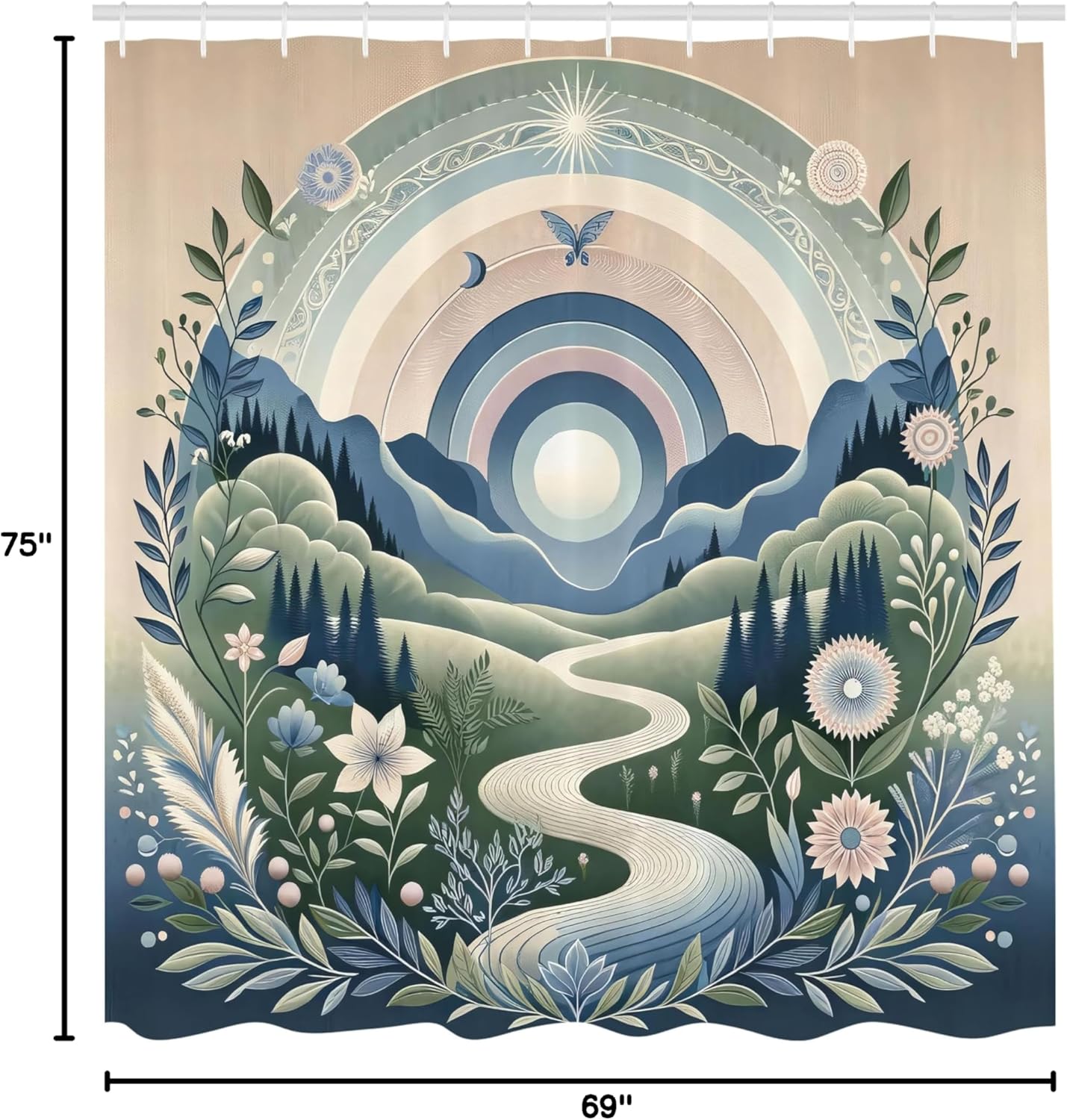 Ambesonne Boho Nature Shower Curtain, Abstract Cold Pastel Colored Print of Path to Mountains Flowers, Cloth Fabric Bathroom Decor Set with Hooks, 69" W x 75" L, Slate Blue Reseda Green