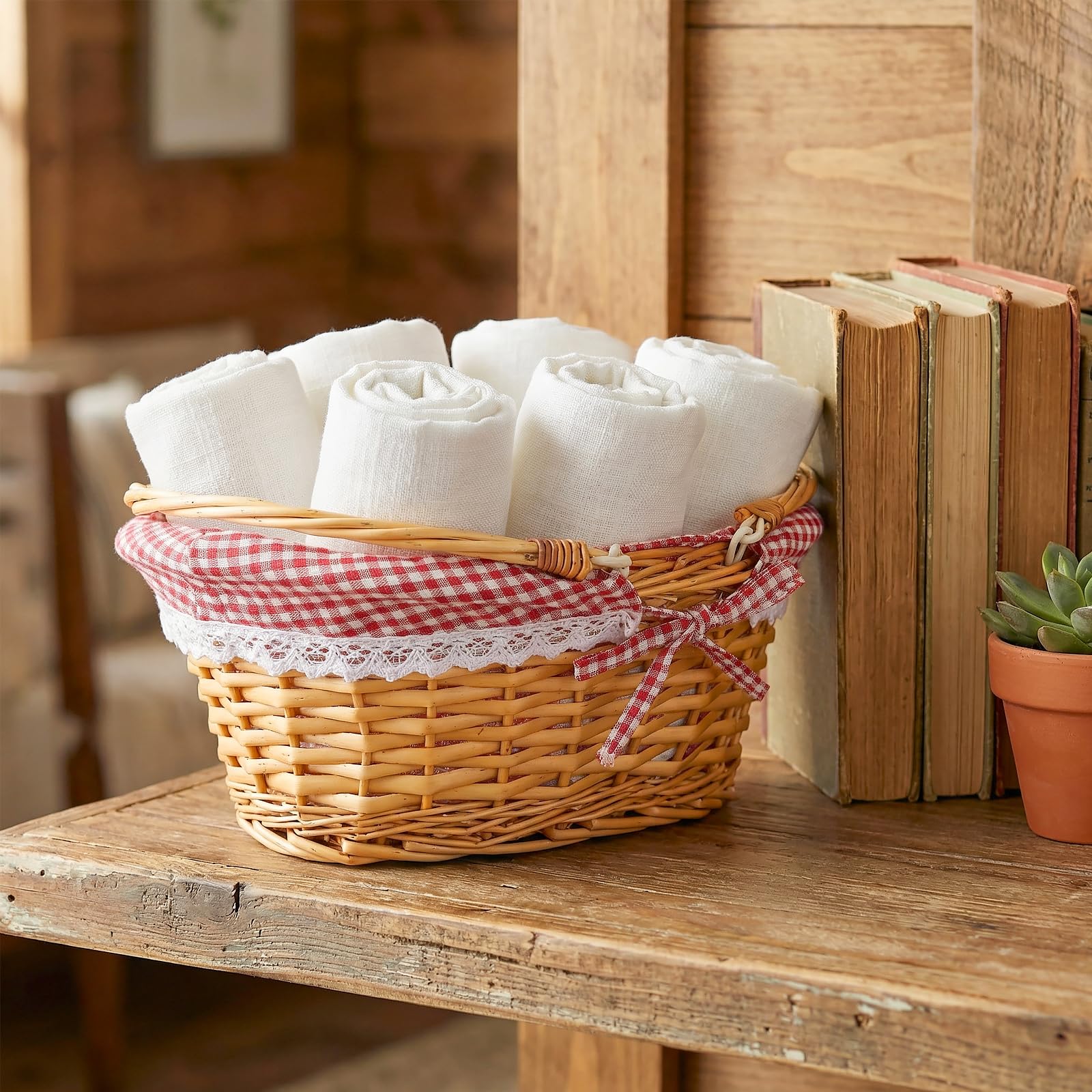 2 Stück Picknickkorb aus Weide, 33x23x12cm, Handgeflochtener Weidenkorb mit Henkel und Gingham Futter, Großer Geflochtener Korb für Obst, Einkaufen, Eiersammeln, Hochzeit und Picknick