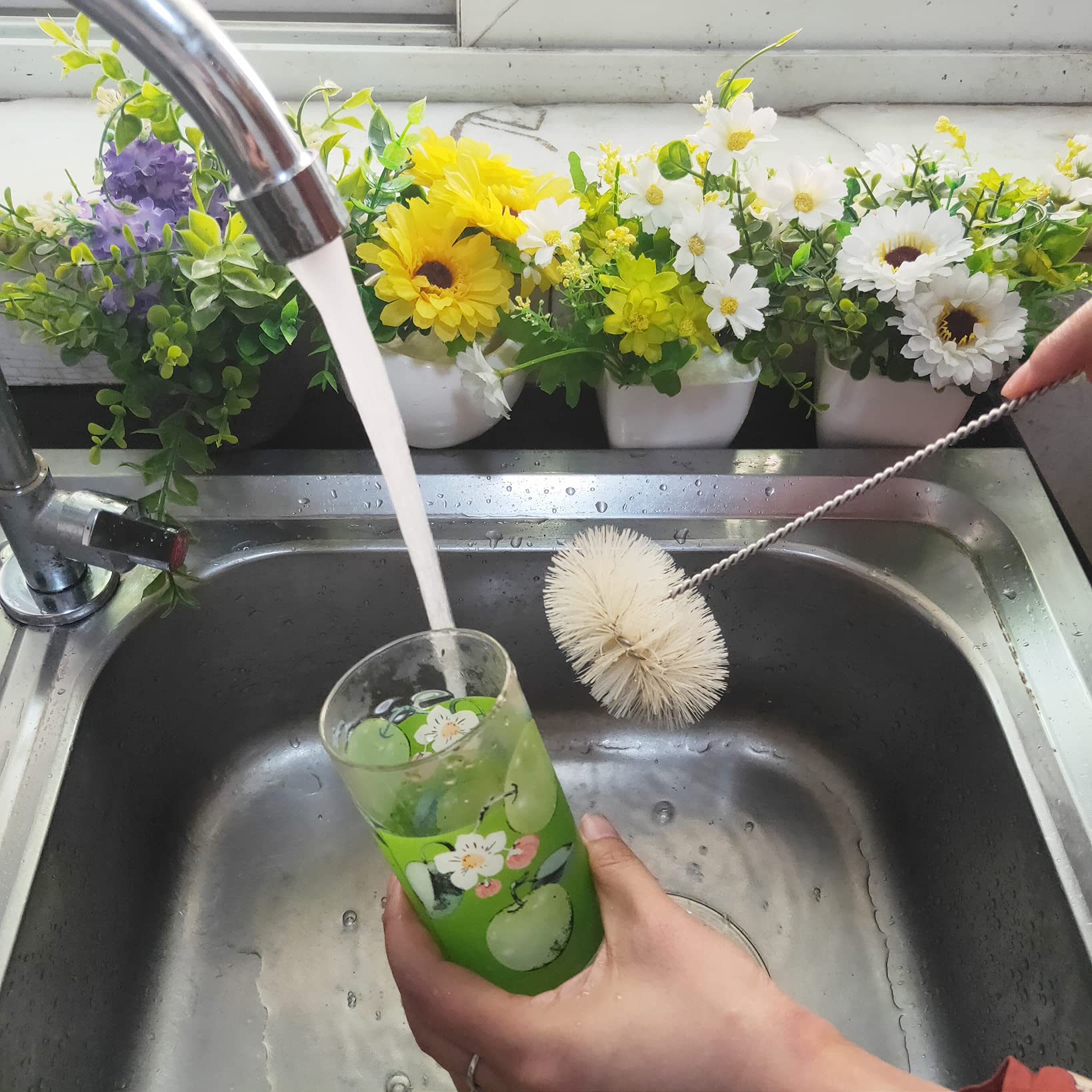 Edelstahl-Soda-Flaschen-Reinigungsbürsten-Set Naturwildborsten Wollspitze Langer Griff, Flexibel Biegbar Dicker Draht Reiniger für Enghalswasser Babyflaschen Strohrohr-Rohrkolben (4)