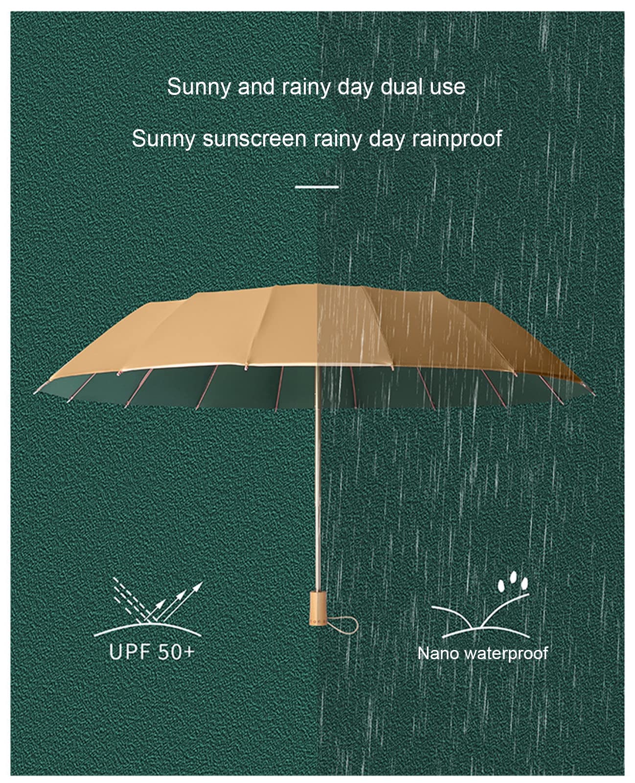 Paraguas Paraguas de Viaje a Prueba de Viento, Paraguas Plegable Impermeable Anti-UV con Pegamento Dorado Engrosado de 16 Varillas, Paraguas para Hombres y Mujeres