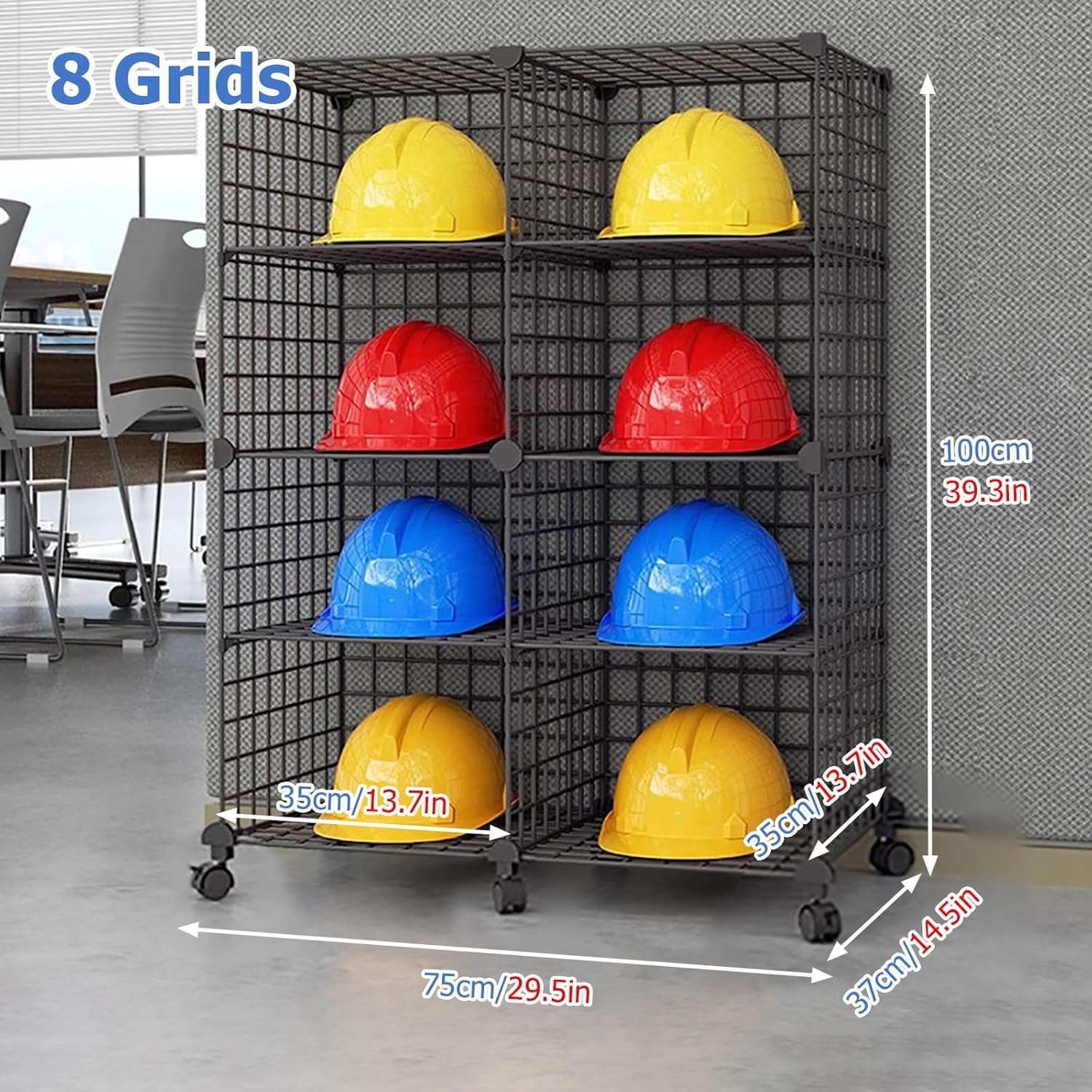 Stackable Safety Helmet Storage Boxes,Large Adjustable Hard Hat Placement Organizer Rack with Wheels,Construction Sites/Workshop/Retail Store Helmet Display Shelf (8 Grids)
