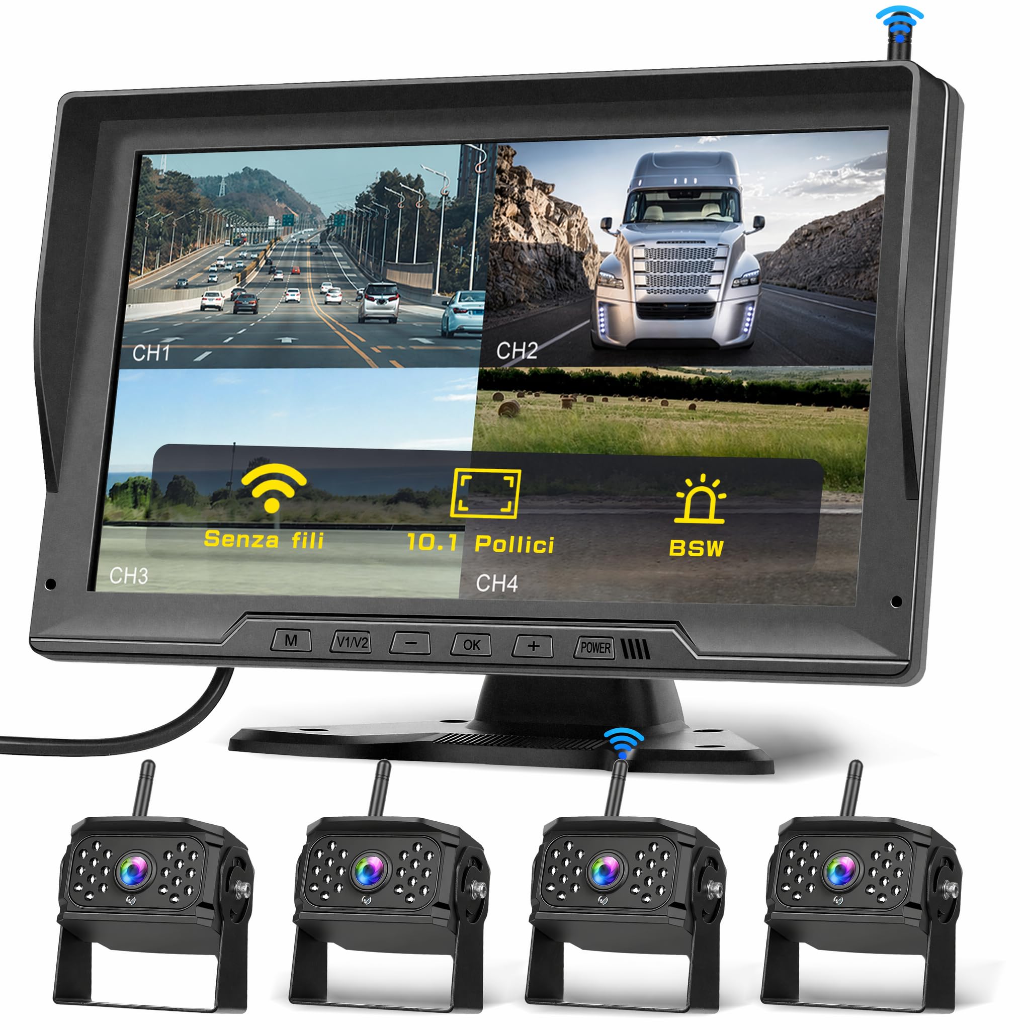 Hikity 12-36V DVR Monitor IPS 10,1'' con 4 Telecamera Retromarcia Wireless | Telecamera Posteriore per Camion Rimorchio Furgone Impermeabile IP68 Visione Notturna Linee Di Parcheggio Personalizzate BSW