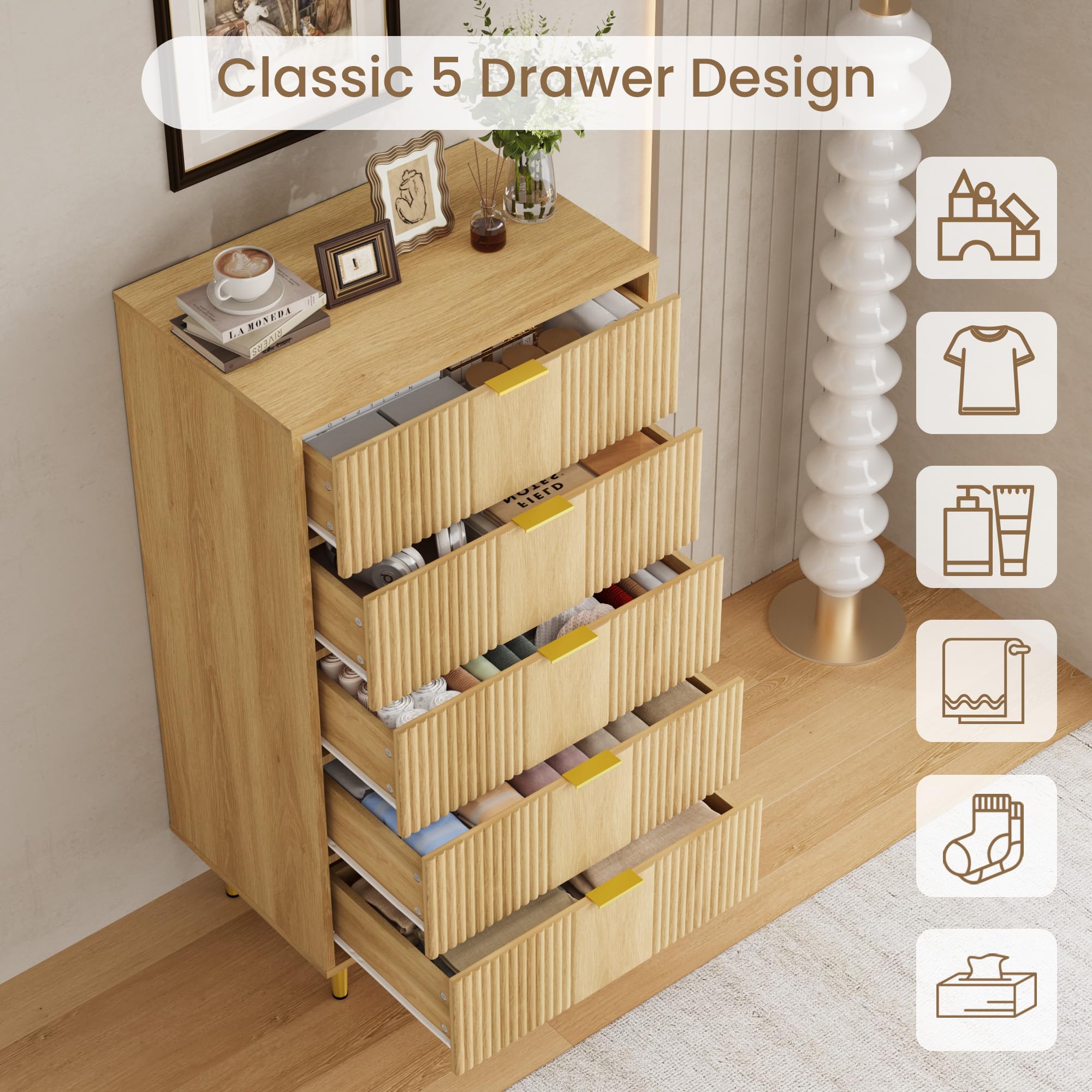 Garvee Kommode Mit 5 Schubladen, Komodenschrank, Schubladenschrank, Wäschekommode, Für Schlafzimmer Möbel Für Wohnzimmer Büro Flur,Eiche,60 x 40 x 112 cm
