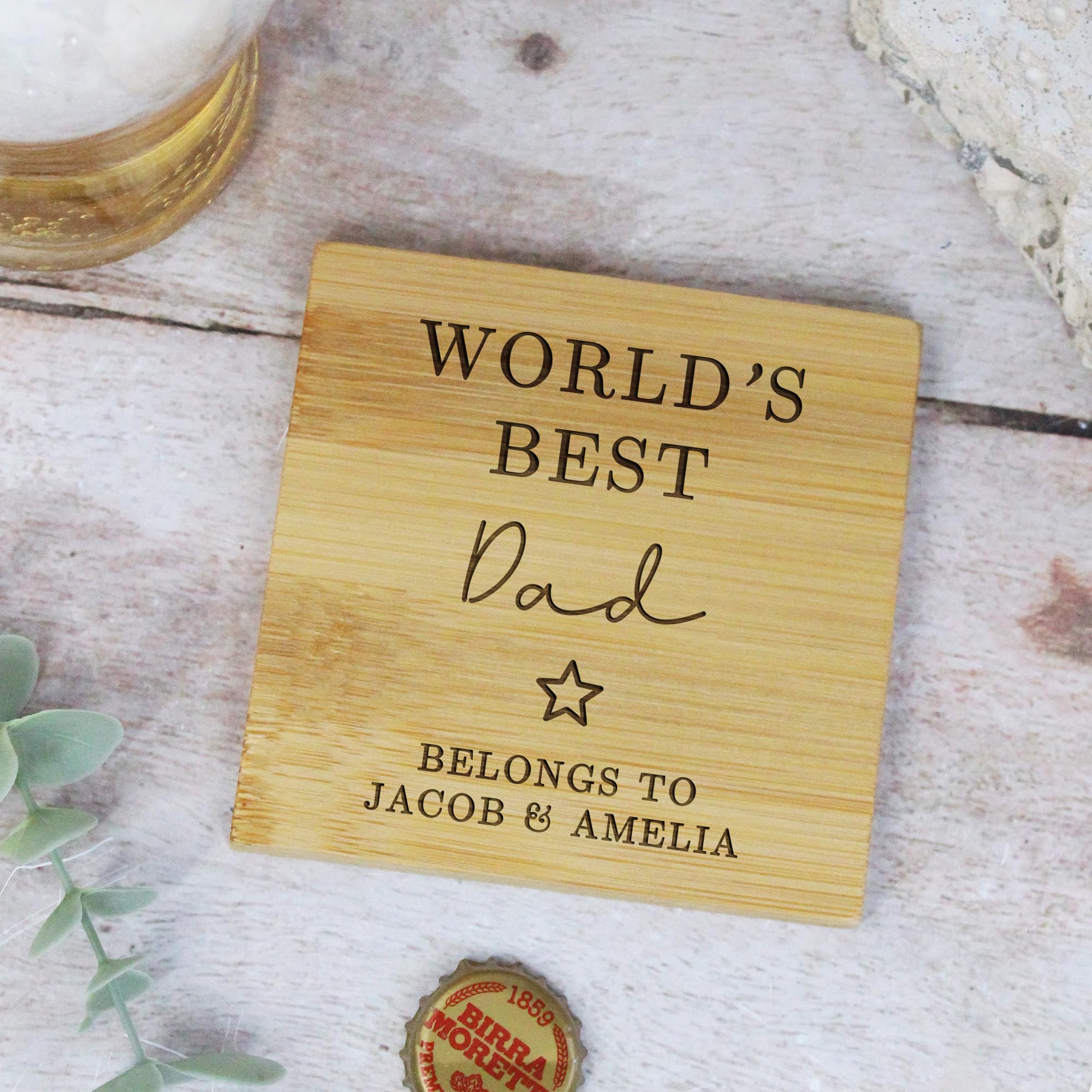 eBuyGB World’s Best Daddy Coaster, Wood 2 in 1 Drinks Coaster & Bottle Opener, Daddy Belongs To, for Dad, Dad Bottle Opener