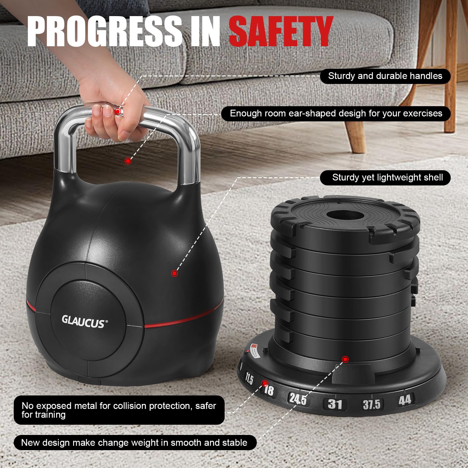 Kettlebell con pesi regolabili: regola rapidamente e facilmente 7 pesi (2,3 kg-20 kg), kettlebell ergonomico per esercizi di fitness a casa e allenamento della forza