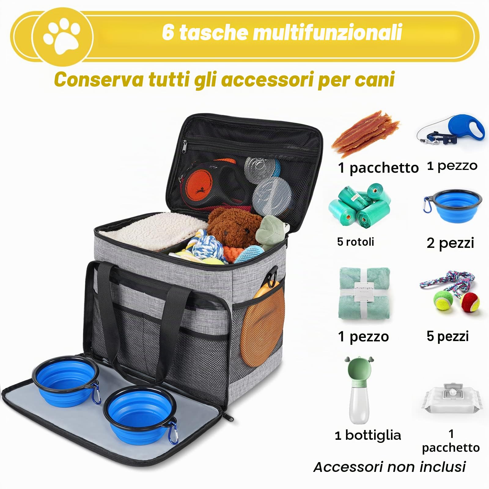 Set di 6 borse da viaggio per cani, kit da viaggio per animali domestici di grandi dimensioni include 2 contenitori per alimenti, 1 organizer da viaggio per cani, 2 ciotole pieghevoli, 1