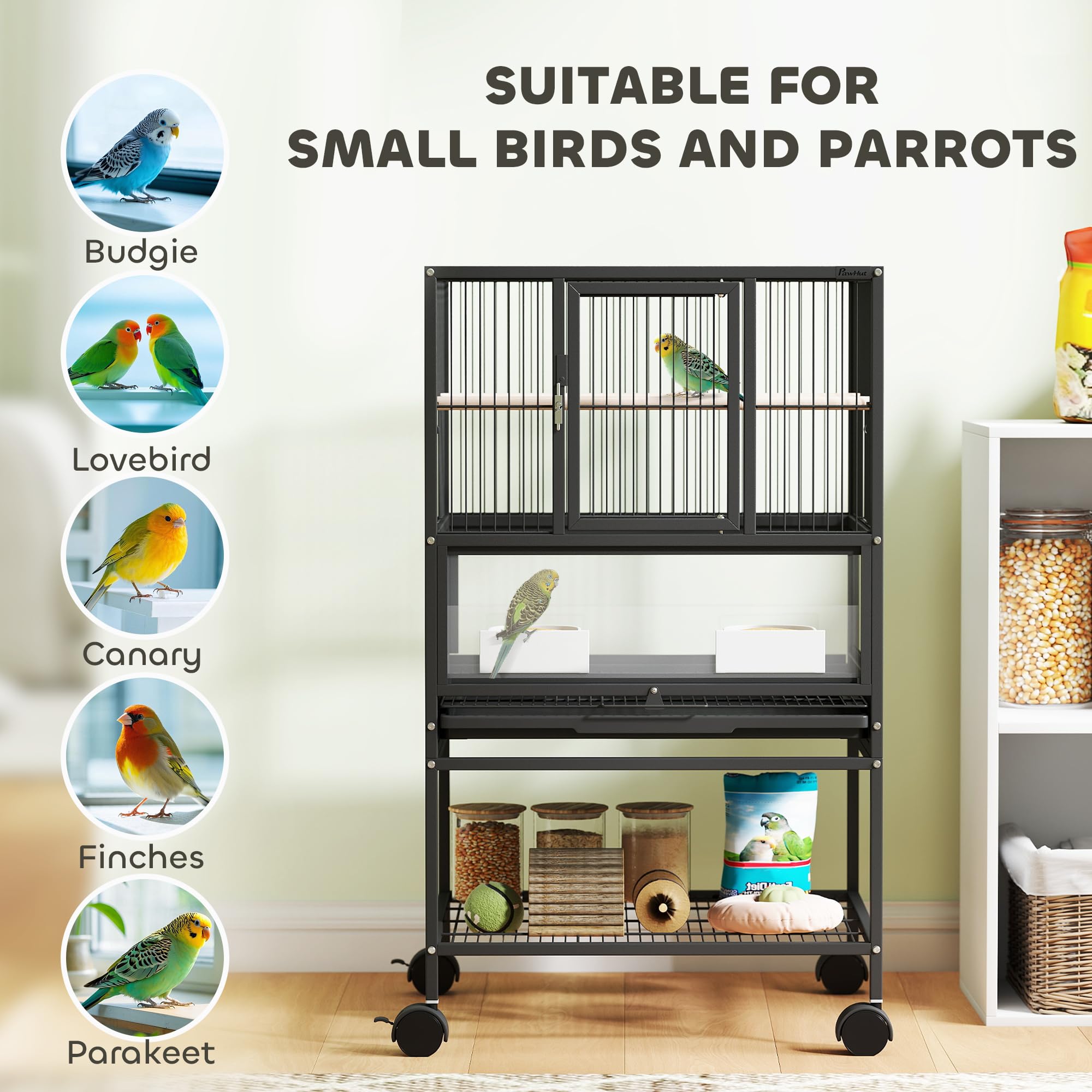 PawHut Rollbarer Vogelkäfig mit unterer Ablage, herausnehmbarem Tablett und Gitter, Stahl und PP Vogelkäfig, 48x46x83 cm, Schwarz | Untere Ablage, herausnehmbares Tablett und Gitter, Vogelkäfig, Stahl und PP