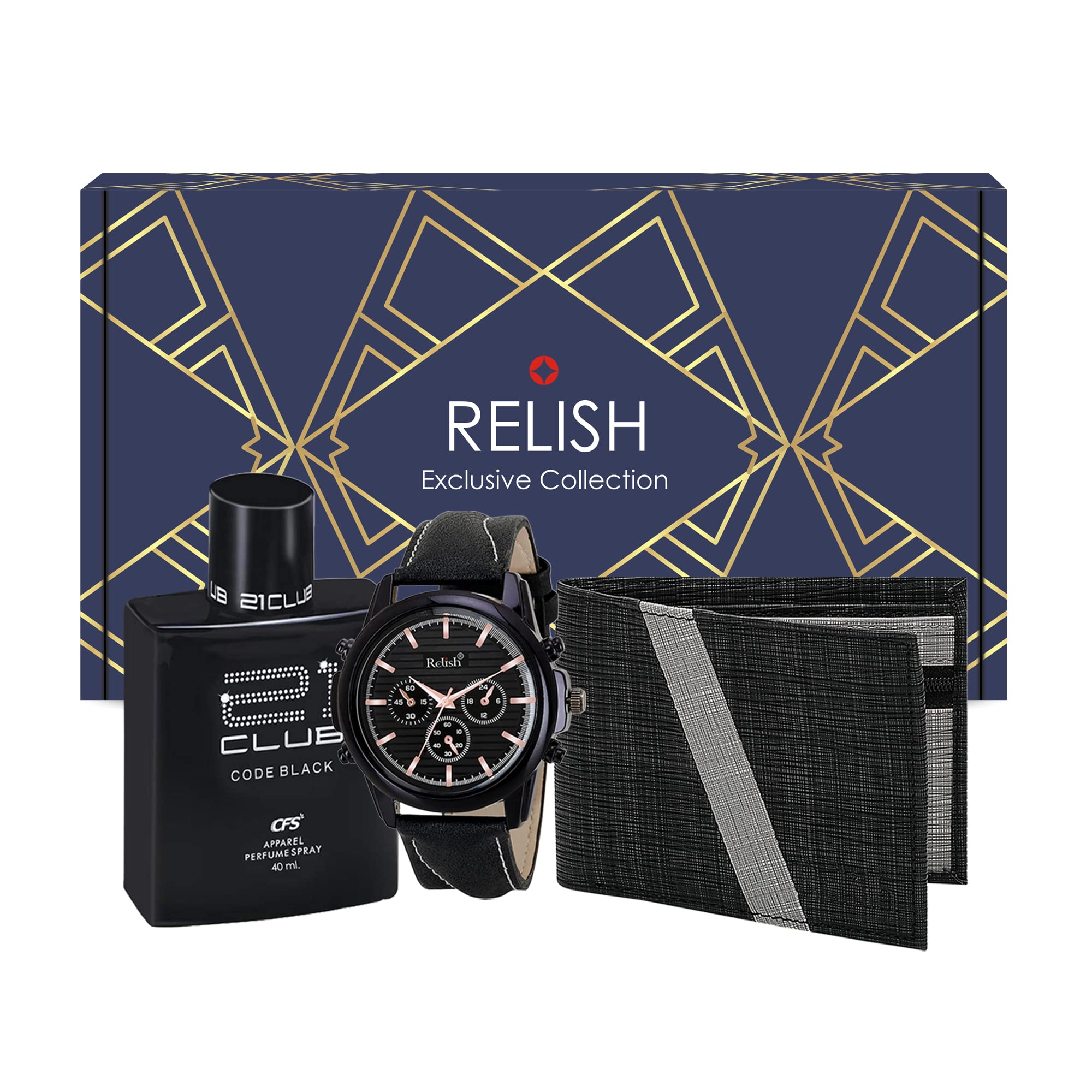 Relish Gift Combo Box of Mens Black Analog Leather Strap Watch, Texture Wallet, Long Lasting Perfume (B0BD1XVJNL) Amazon Price History, Amazon Price Tracker