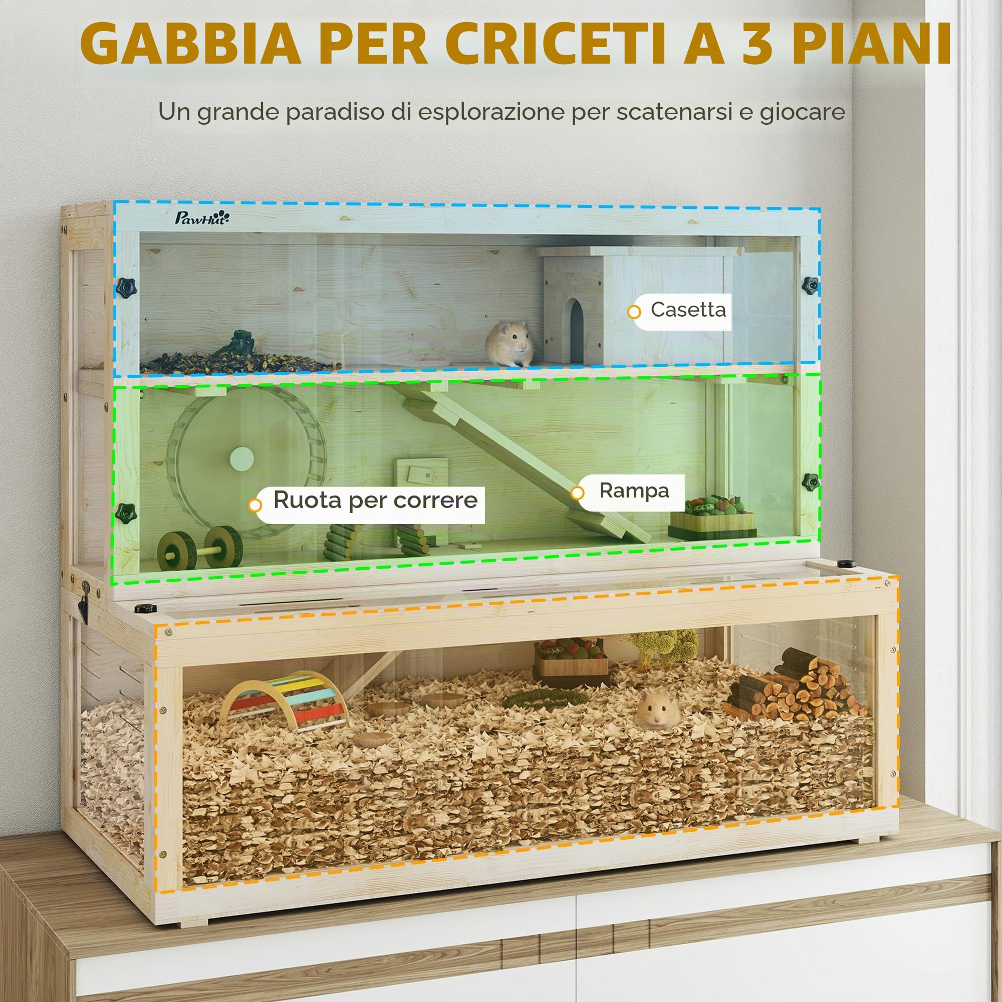 PawHut Gabbia Criceti Legno Capanna, Ruota, Rampe, 100x50x84 cm Nat.