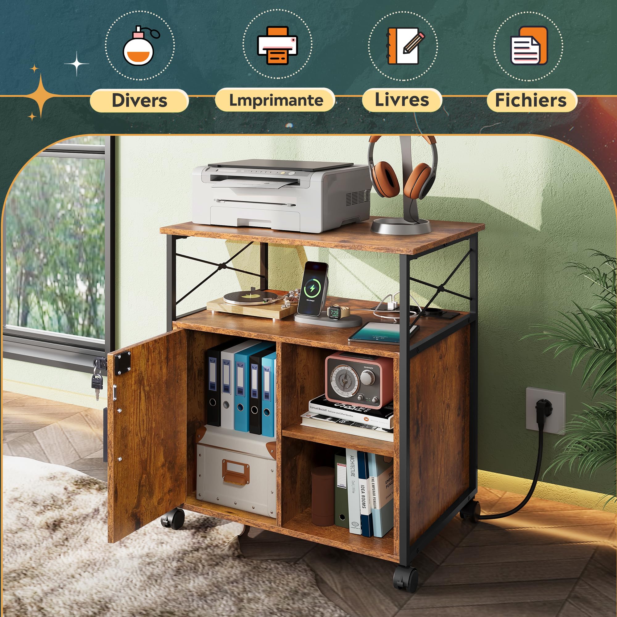 DEVAISE Caisson Bureau Mobile avec Station de Recharge - Meuble Imprimante Verrouillable à roulettes pour Bureau Domicile - Rangement A4, Étagères Réglables,Brun Bois