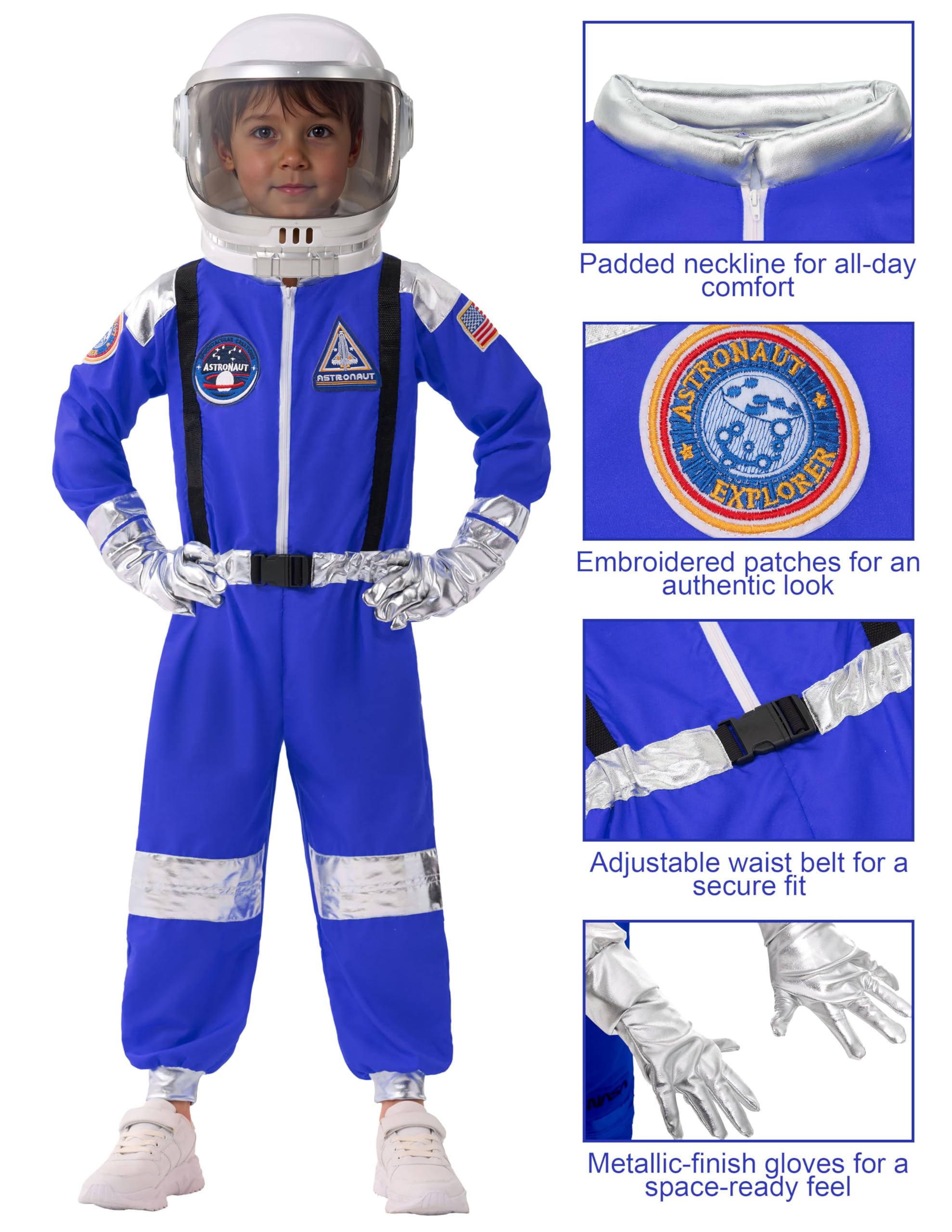Spooktacular Creations Costume da astronauta di Halloween per bambini, blu, unisex, con casco, tuta da pilota, per costume di Halloween (3T, 3-4 anni)