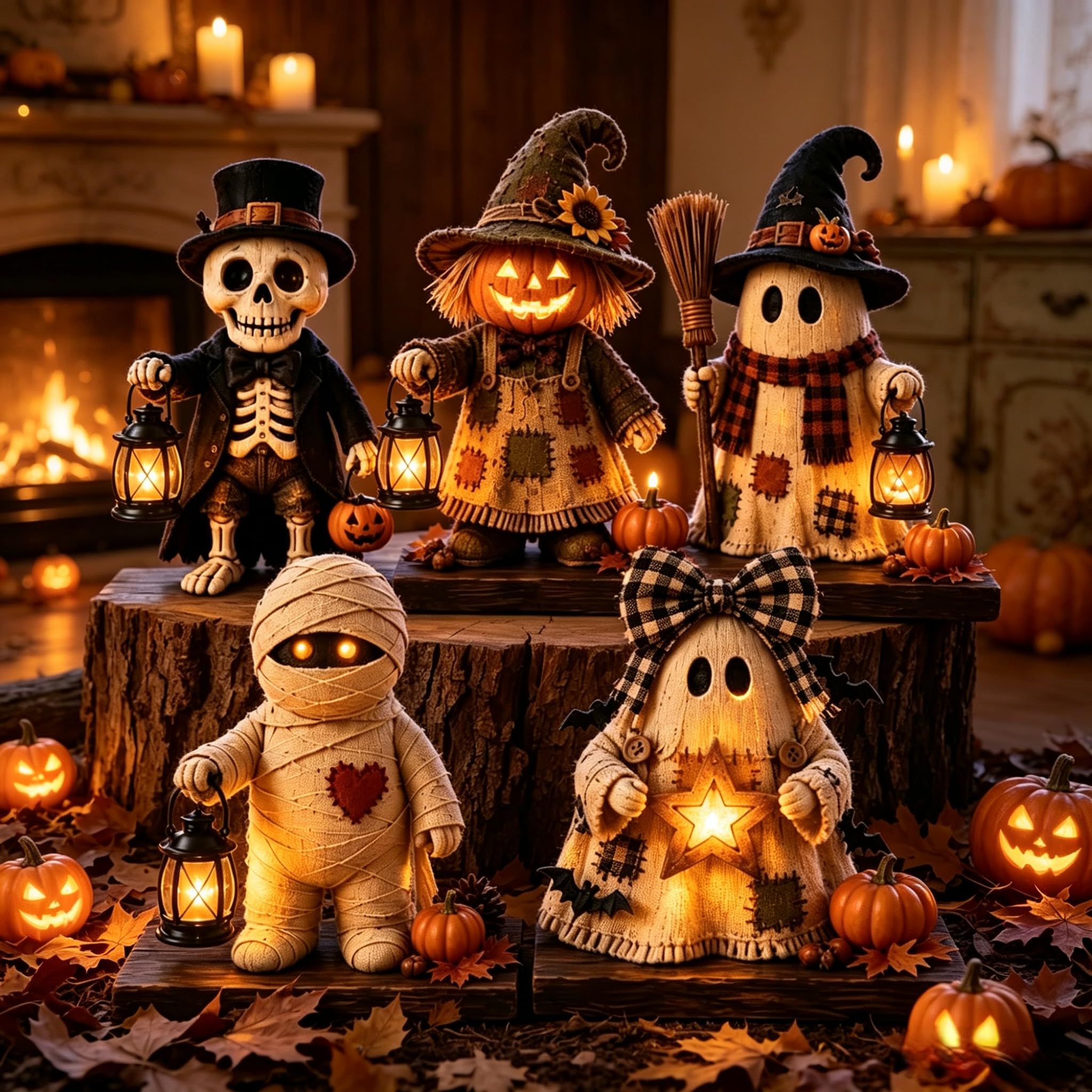 Dekoracje Drewniane Potwory na Halloween | Rustykalna dynia, duch, mumia, szkielet — drewniane figurki z ciepłym światłem na stół, parapet i korytarz