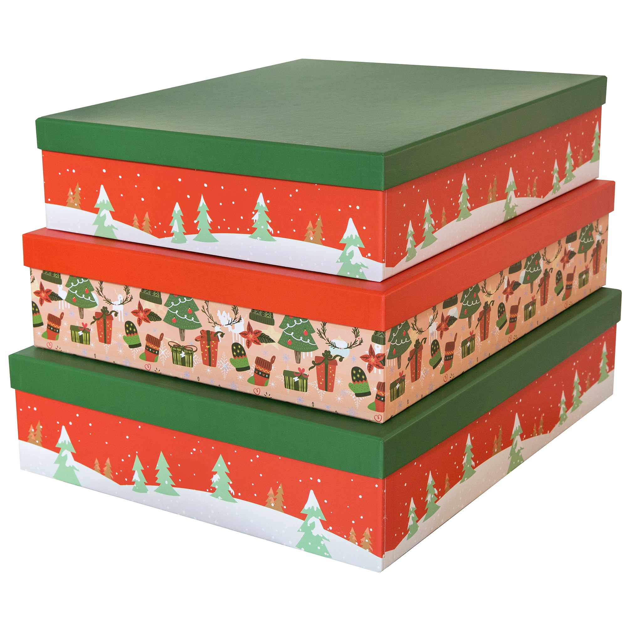 Soul & Lane Christmas Decorative Cardboard Storage Boxes, Set of 3 Nesting Festive Paperboard Gift Boxes with Lids for Presents, Seasonal Storage,