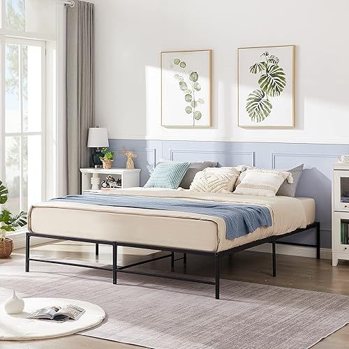 Miniatura 13 de VECELO Marco de cama de plataforma de metal de 14 pulgadas, base de colchón, no necesita somier, soporte de listones de acero (tamaño matrimonial)