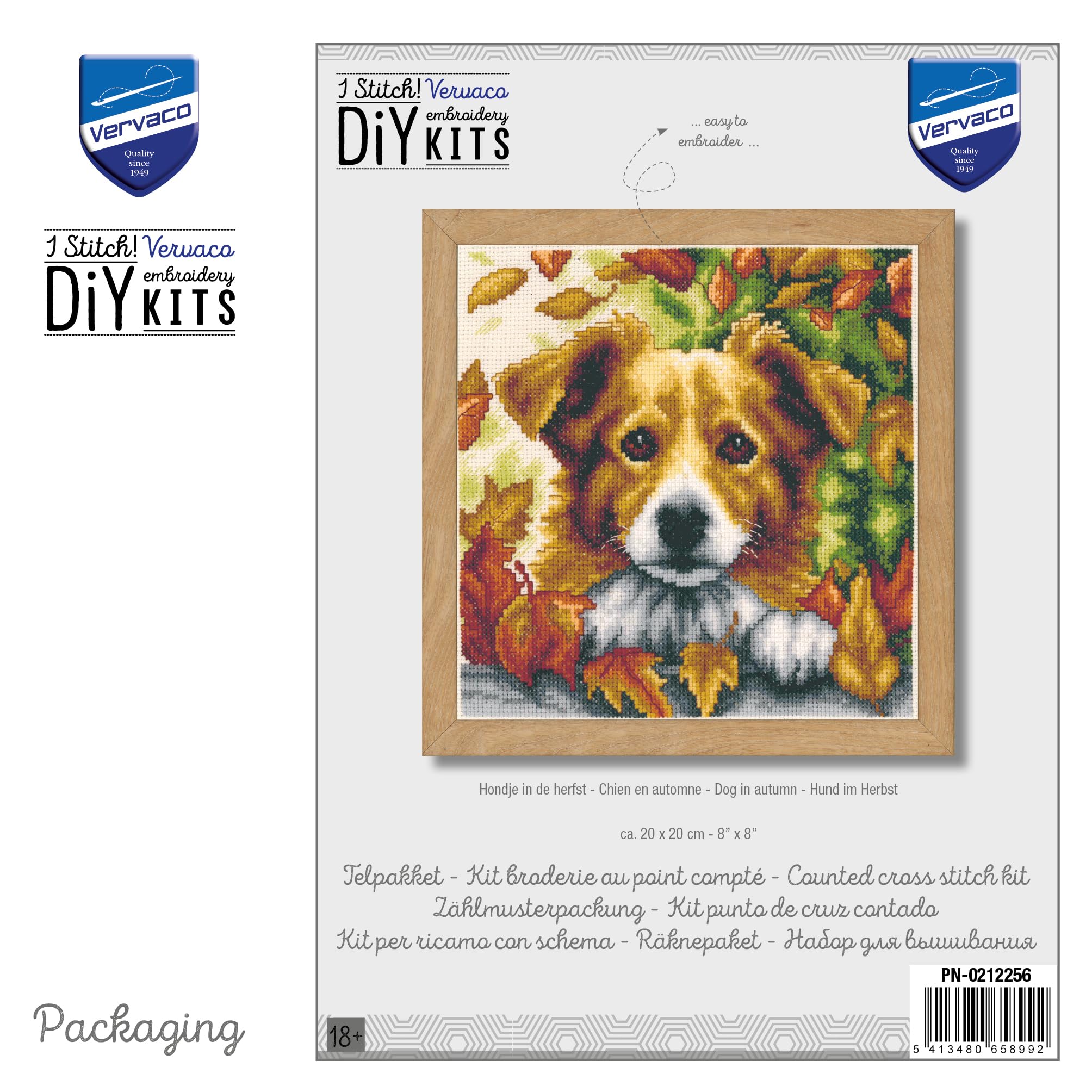 VERVACO Haft Krzyżykowy Liczony Zestaw Obraz do Haftu PIES W JESIENI Zrób to Sam Zestaw Kreatywny dla Dorosłych ca. 20 x 20 cm Dekoracja Ścienna DIY Cross Stitch Kit