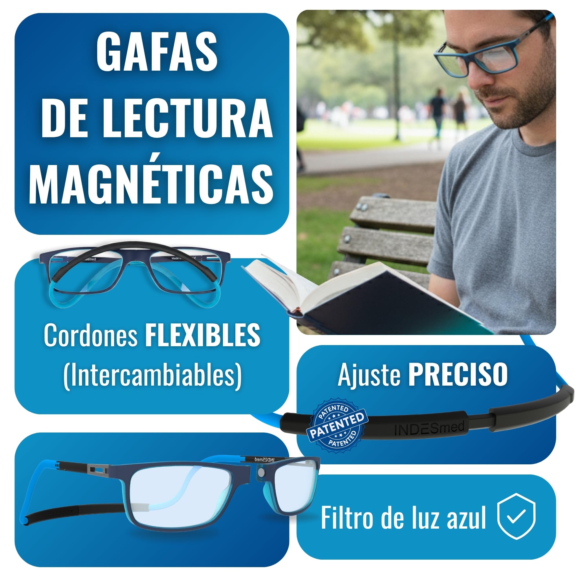 INDESMED Gafas de Lectura Magnéticas con Filtro de Luz Azul Ajustables | Ajuste Preciso Patentado 7 Posición, Ligeras, Diseño Moderno, Hombre y Mujer, Cordón Intercambiable y Flexible | INDESmed