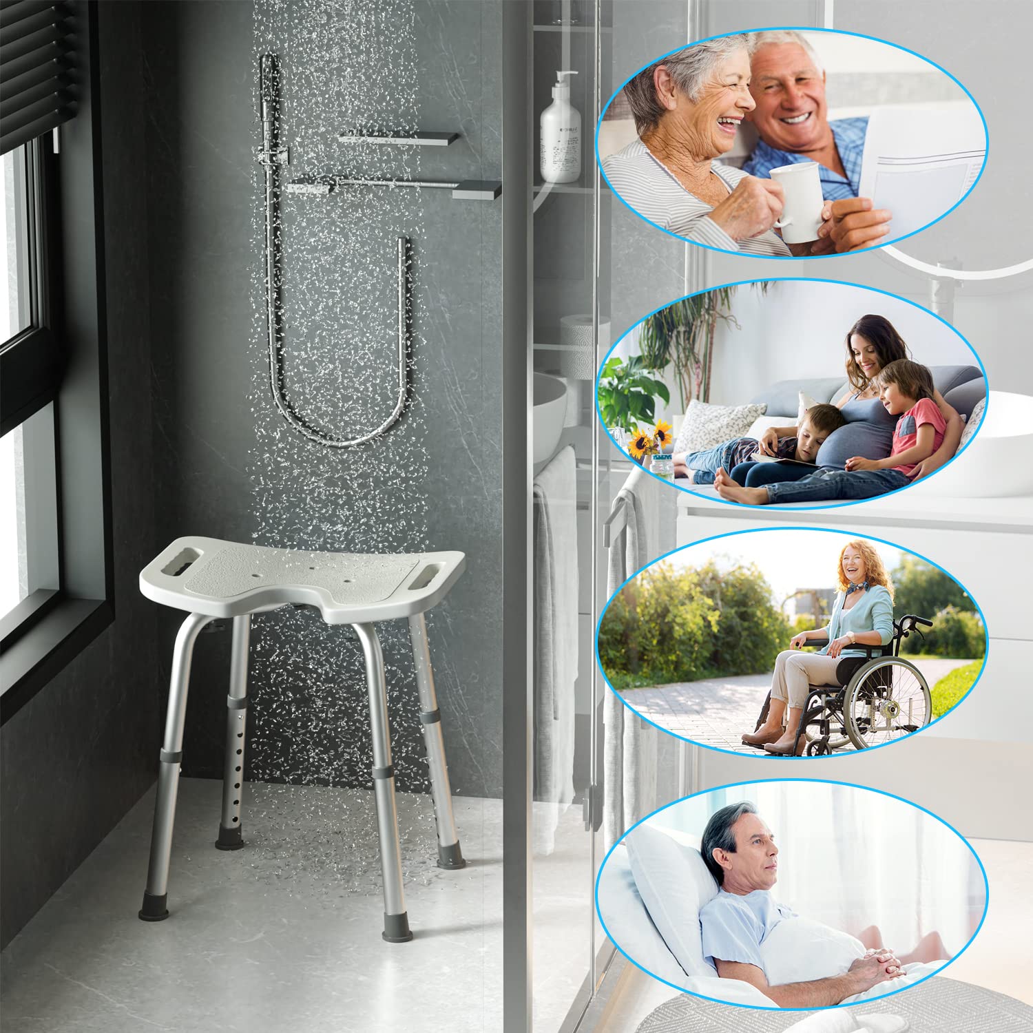 Taboret prysznicowy, krzesło prysznicowe z regulacją wysokości 41-56 cm, taboret łazienkowy, typ U, siedzisko prysznicowe dla seniorów i kobiet w ciąży, antypoślizgowy, do 136 kg