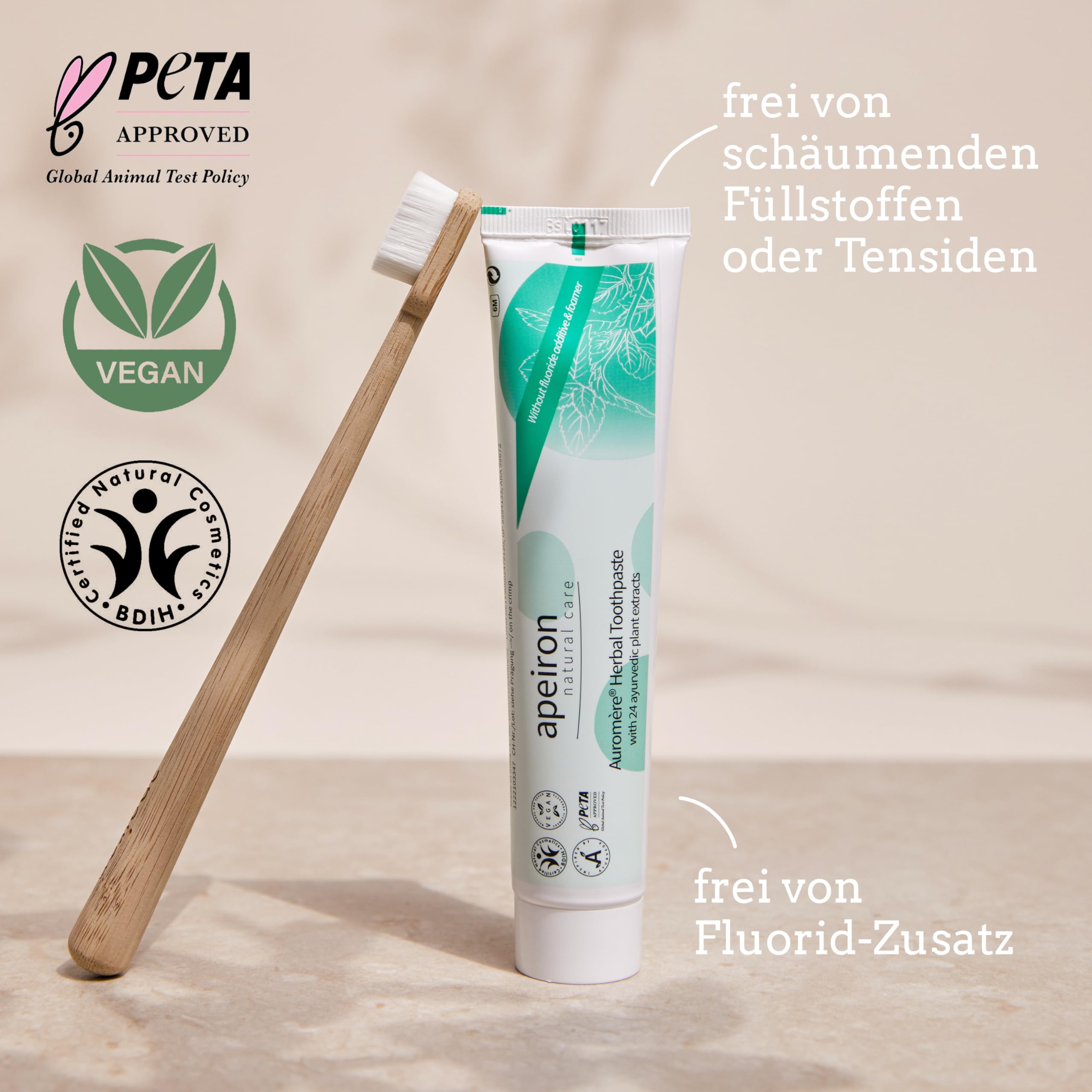 APEIRON - Dentifricio con erbe aromatiche auromiche, 6 x 75 ml, gusto ricco di erbe aromatiche, poco schiumoso, dentifricio biologico, vegano, senza fluoro, cosmetico naturale