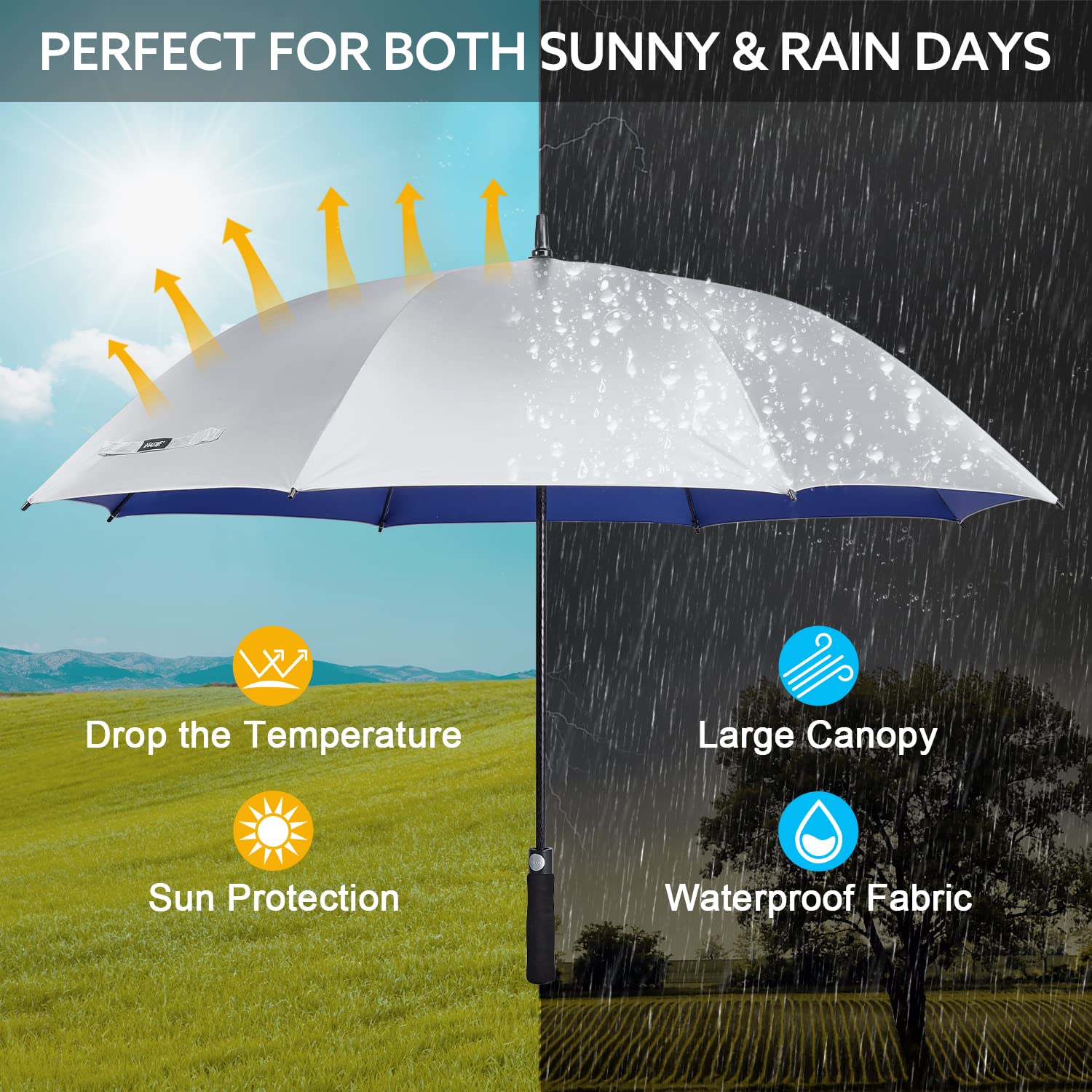 G4Free Paraguas de golf UV de 54/62 pulgadas, con revestimiento plateado, protección solar, toldo grande, resistente al viento, impermeable, automático, barra abierta