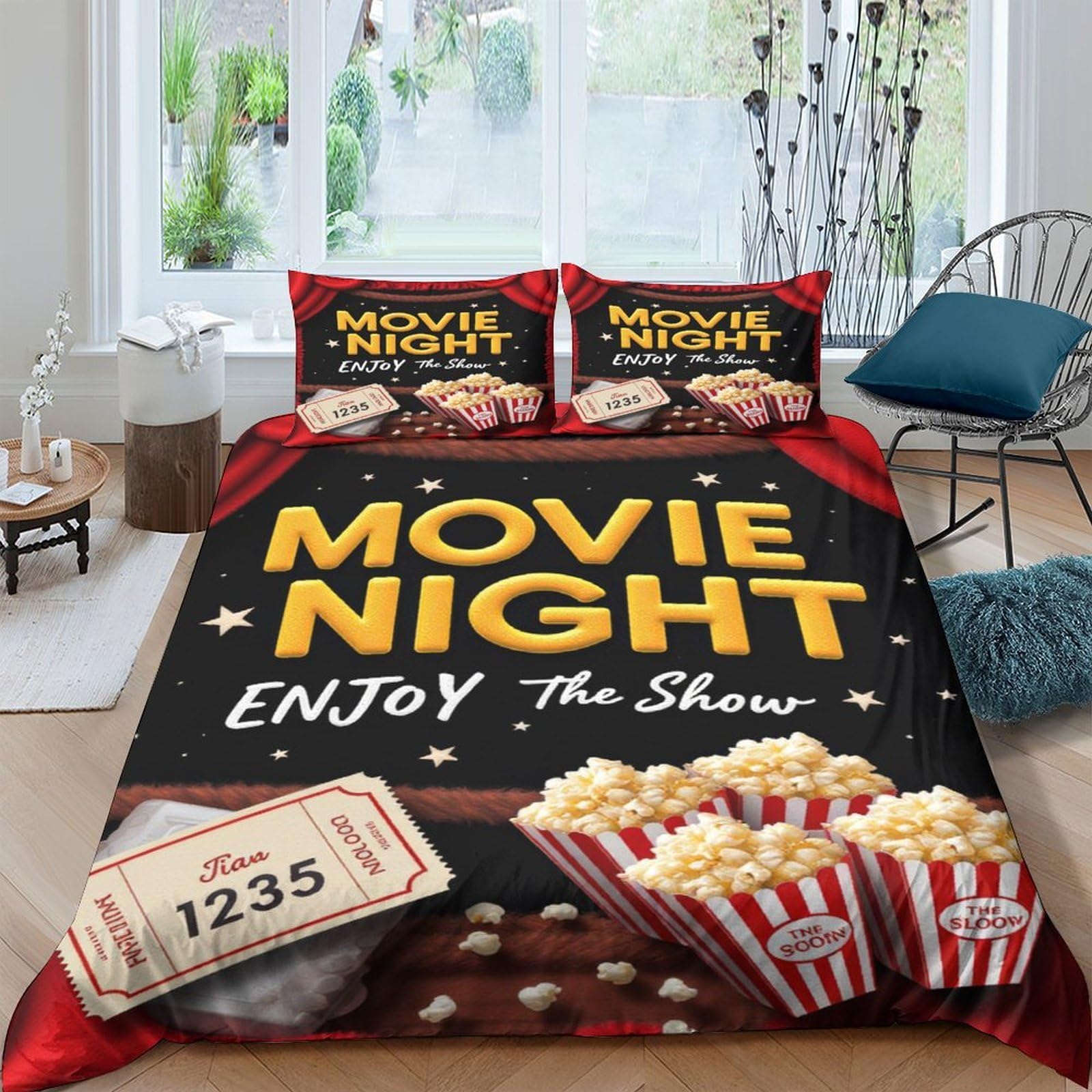 Ctjqhvkz Style-8 3D Printed Movie Night Ticket Fitted Sheet Microfiber Soft Popcorn Bed Cover For Bedroom Guest Room Decor Protection Single（135X200cm）