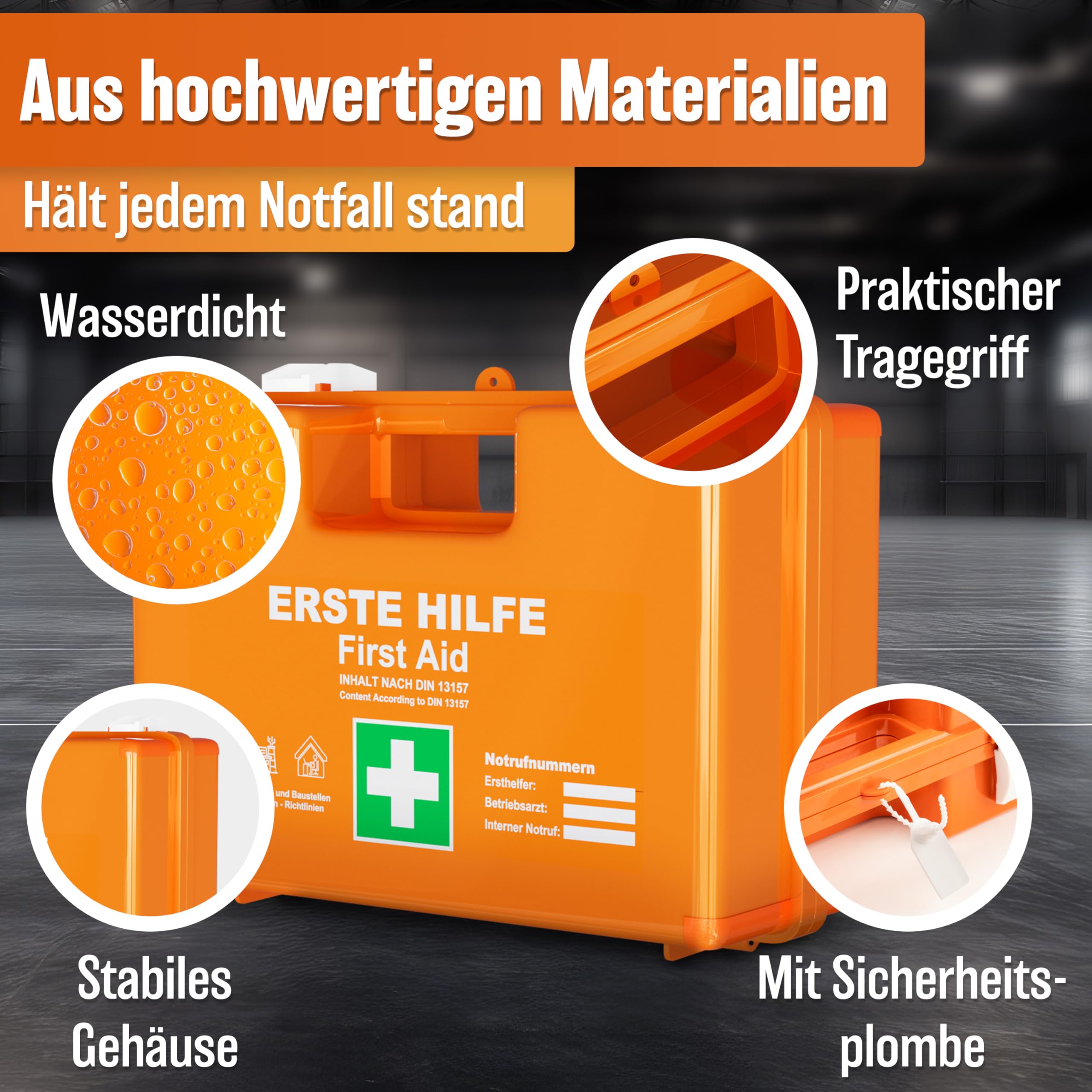 HELDENWERK Trousse de premiers secours selon la nouvelle norme DIN 13157:2021 avec support mural et autocollants | Mallette de premiers secours universelle pour entreprise, maison ou restauration