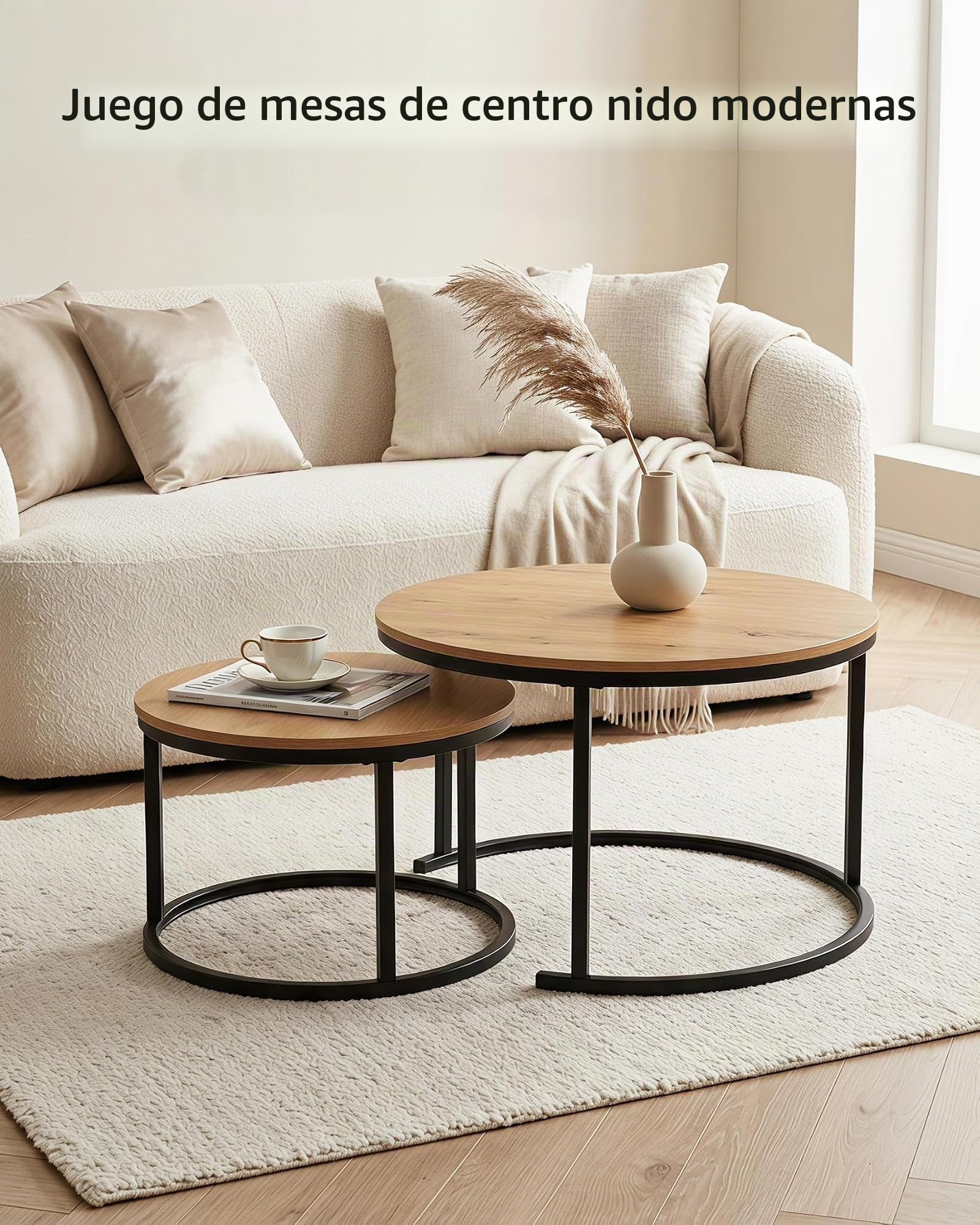 Mesa de Centro Redonda Juego de 2 Mesa Salon Madera y Metal Negro | Juego de 2 Mesa Centro Salon Efecto Madera con Estructura Metálica Negra, Muebles de Salon Coffee Table 70+50cm