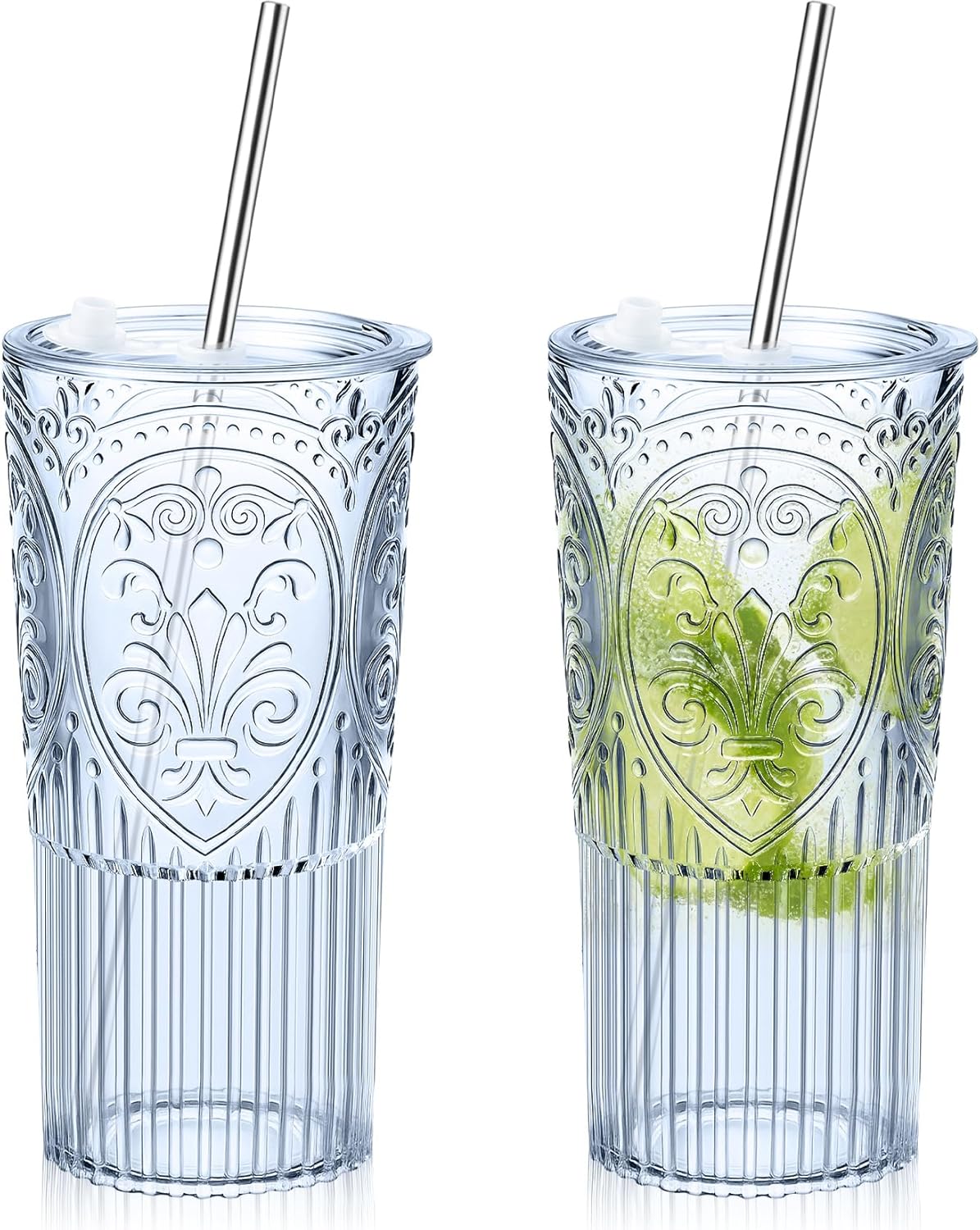 8 Set 20oz Vintage Plastic Tumbler with Lids and Straws Ribbed Floral Drinking Glasses Reusable Iced Coffee Cups for Water Juice Smoothie Cocktail Travel Party Events Gift (Green)