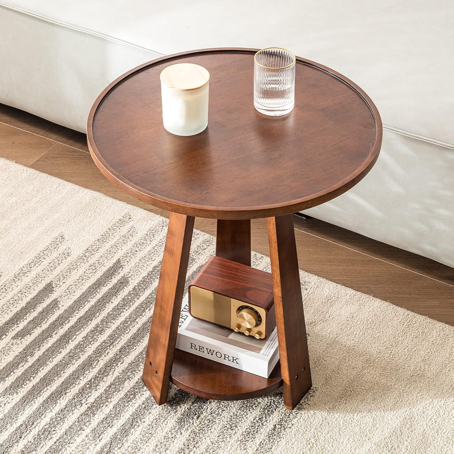 Chinodoga Solid Wood Round End Table, 2Tier Open Shelves for Storage, Farmhouse