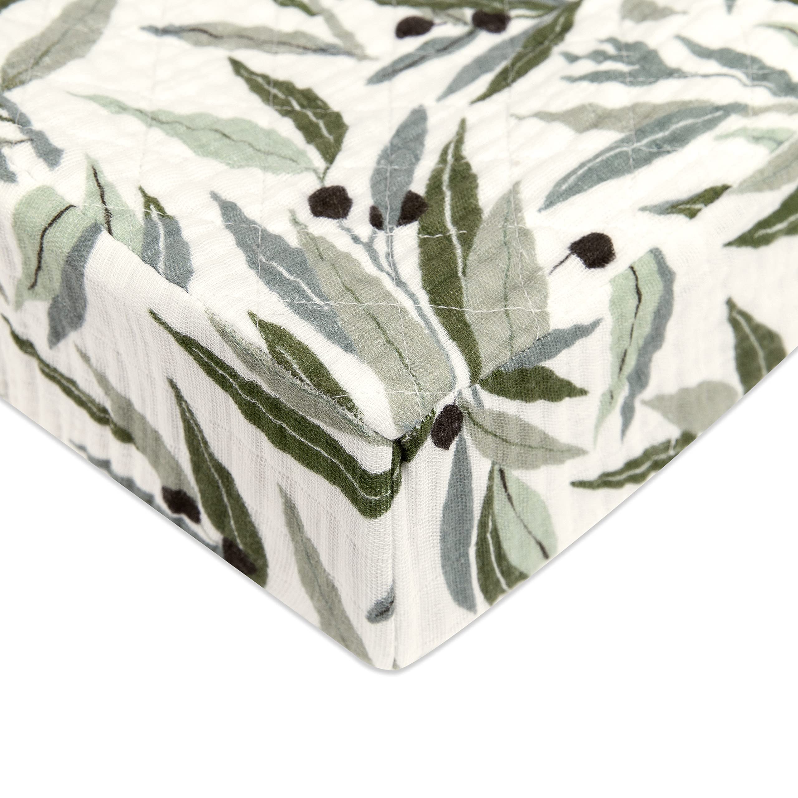 Photo 1 of Babyletto 100% Quilted Organic Cotton Changing Pad Cover, GOTS-Certified, Fitted 360°, Ultra-Soft and Breathable Muslin - Olive Branches