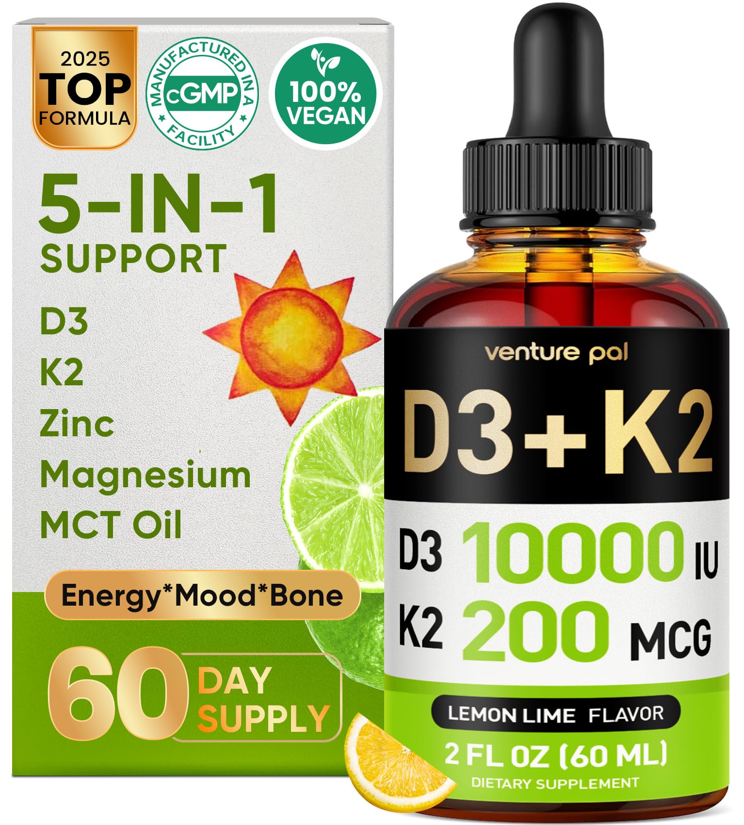 Venture Pal 5-in-1 Vitamin D3 10000 IU & K2 as MK-7 200mcg with Magnesium, MCT Oil, Zinc, Sugar-Free Vitamin D Liquid |Maximum Absorption for Bone, Mood & Immune Health - 2 FL OZ, 60 Days
