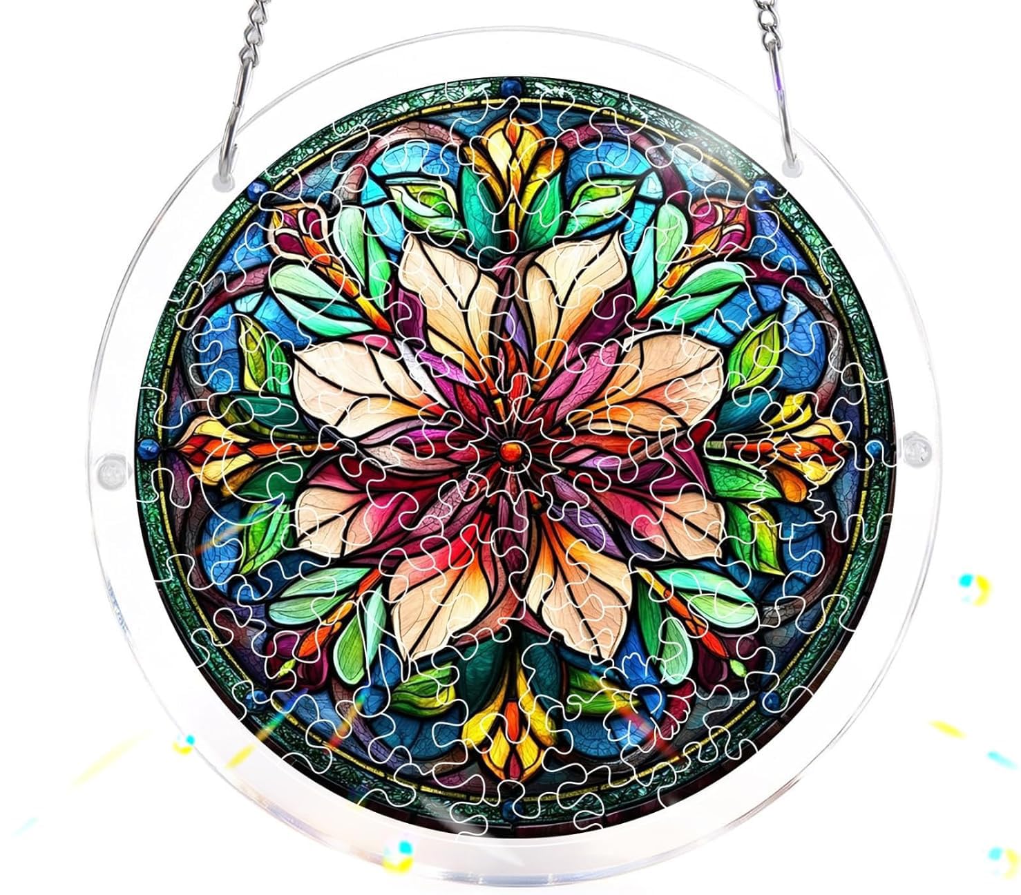 Mandala Flower, Acrylic Jigsaw Puzzles Suncatcher, 7.4 Inch Window Hanging Suncatcher Acrylic Puzzle, DIY Home Decor Art Gift