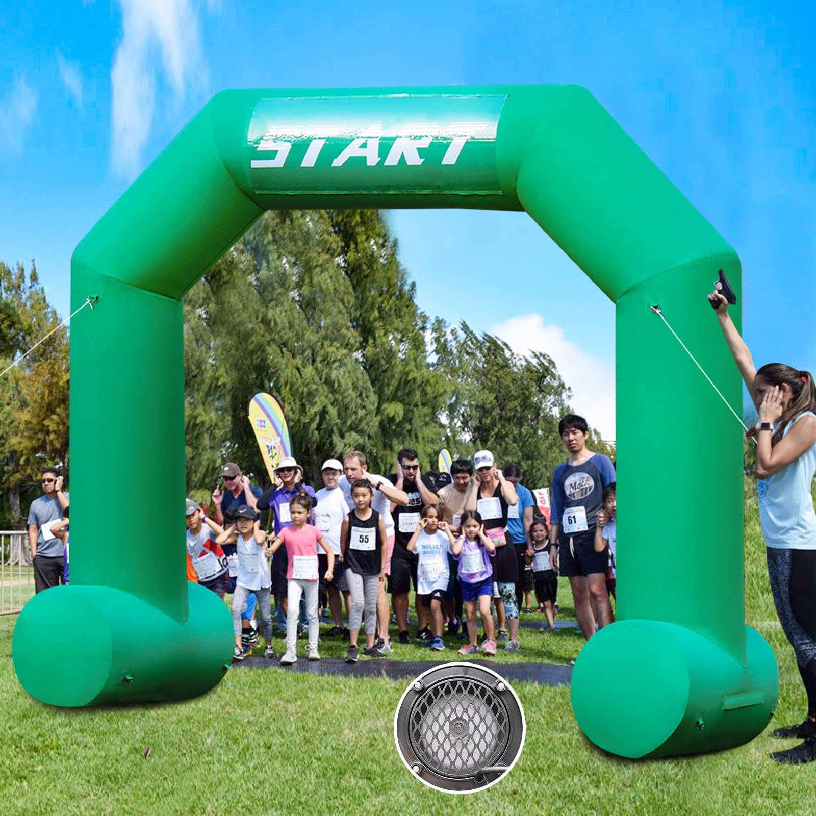 Arco Gonfiabile Esagonale 13 Piedi Verde con Banner di Inizio e Fine Gara, Ventilatore Potente, Arco all'Aperto per Maratone ed Eventi Pubblicitari