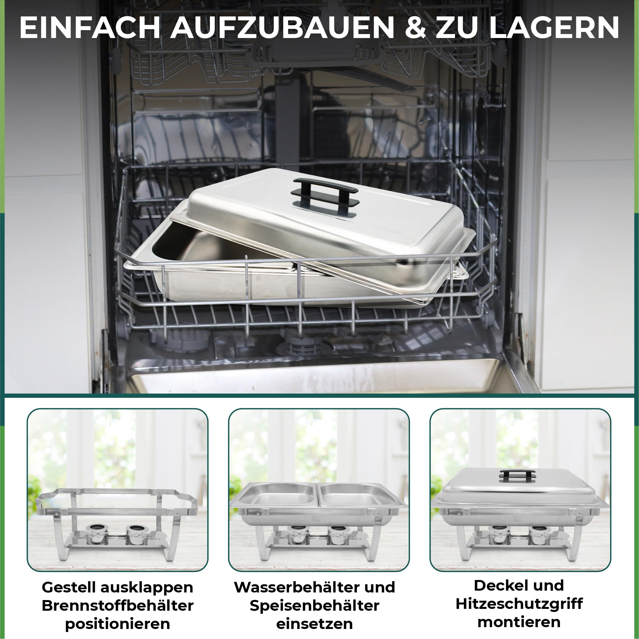 Set mit 4 Speisenwärmern LEUTHERIA - Chafing Dish aus lebensmittelechtem Edelstahl für Buffet/Professionelles Wasserbad/Warmhaltebehälter/Catering/Hotel/Restaurant - Edelstahl SS201
