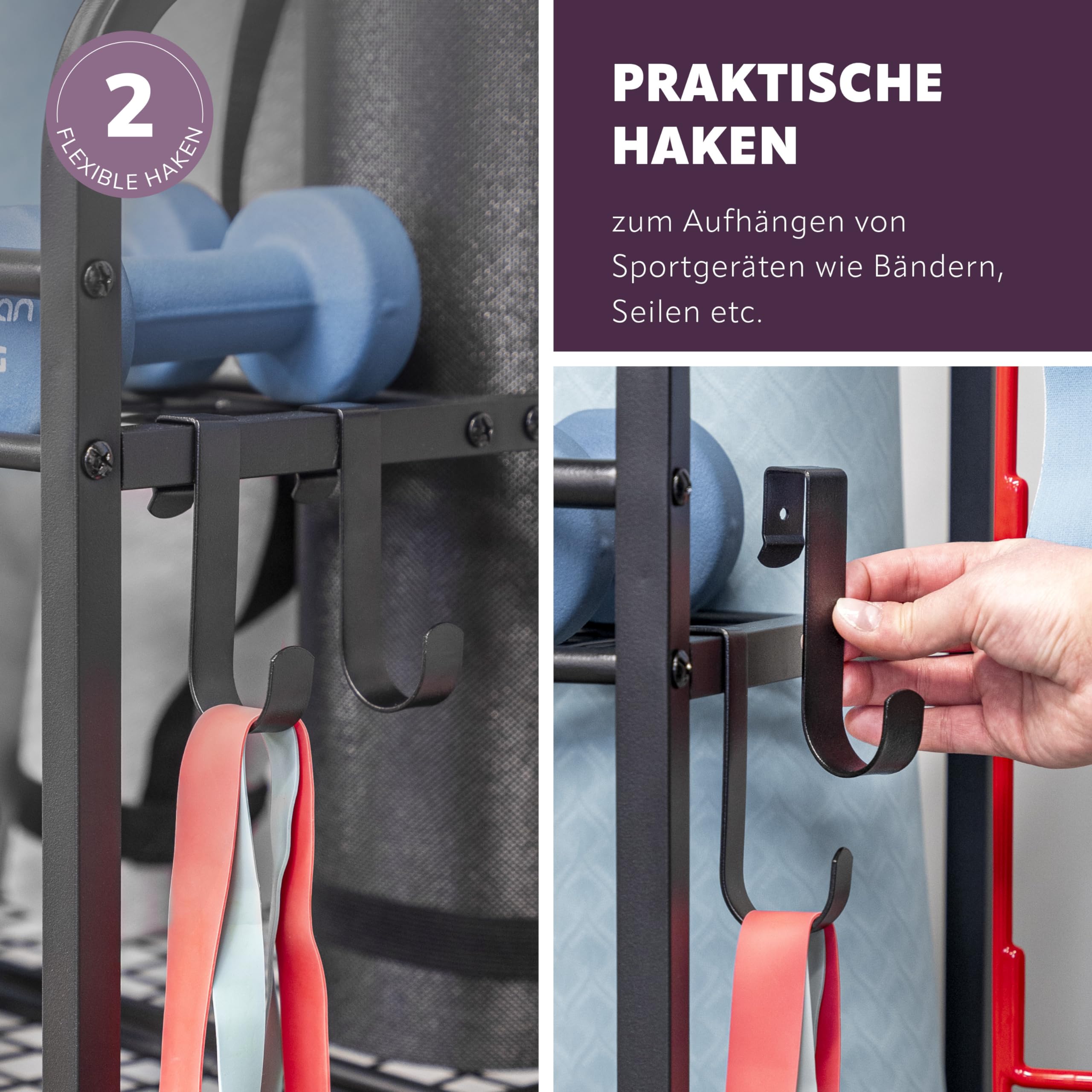 eluno Carrello portautensili da yoga con ripiani robusti, molti ganci e cestello laterale per kettlebell, rullo fasciale, manubri e accessori fitness in acciaio nero