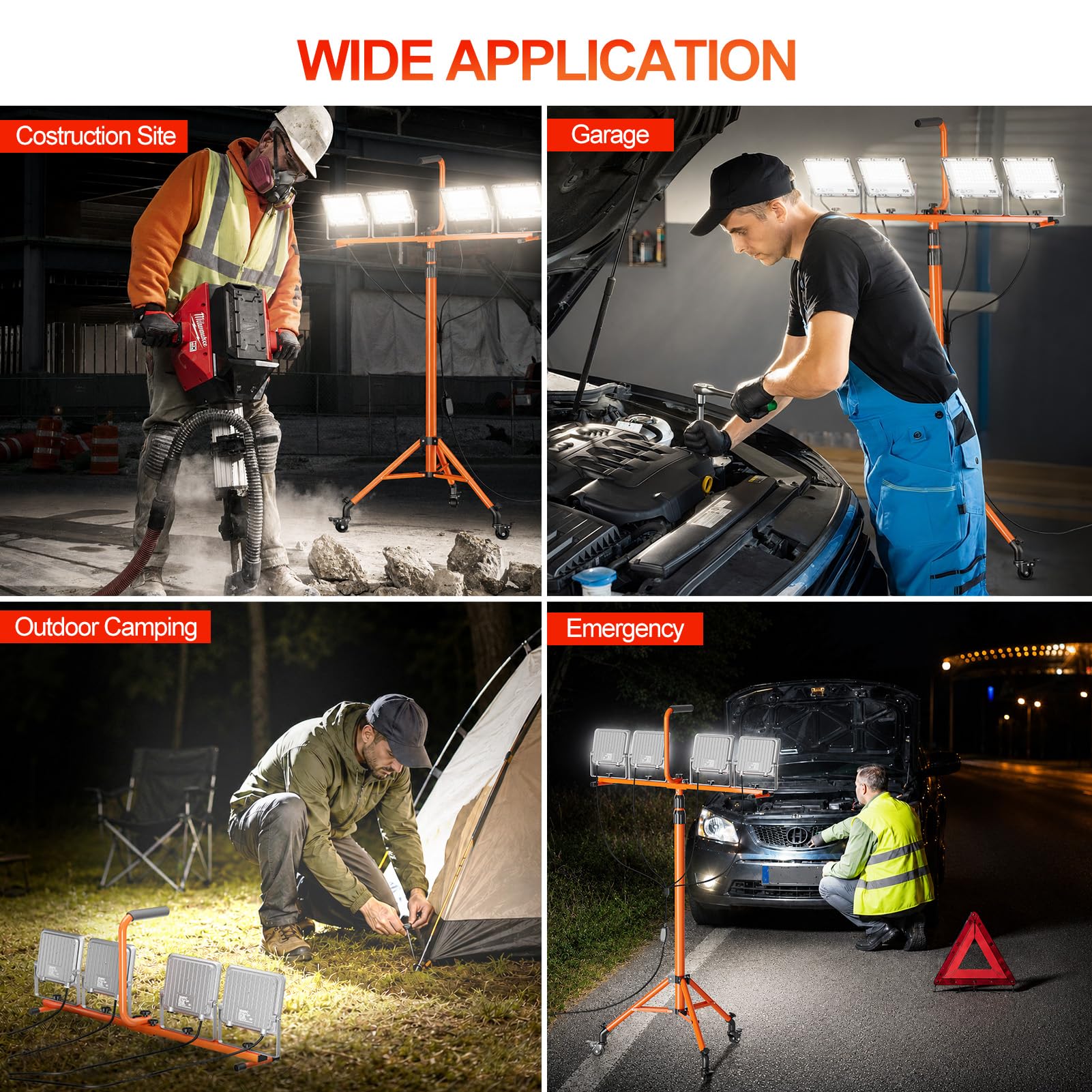 EMART 280W Foco de Trabajo LED con Ruedas 28 000lm Foco LED para Obras | Ajustable , lámparas de trabajo con cable de 5 m, resistente al agua (IP66). Proyector de obra con pie para talleres y obras