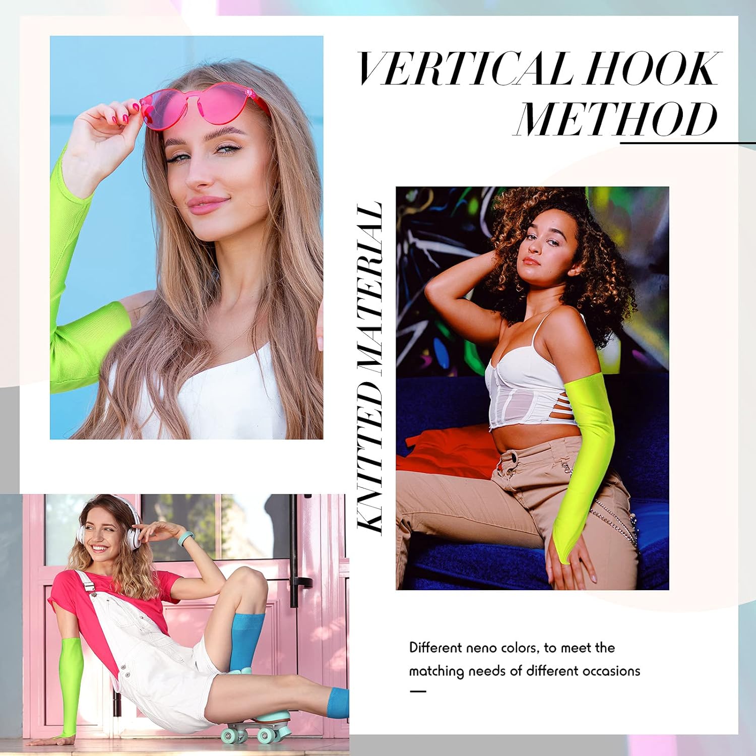 Boyiee 2 Pairs 80s Neon Stretchy Spandex Fingerless Gloves Ring Style over Elbow Cosplay Catsuit Opera Long Gloves(Green, Yellow) - Image 6