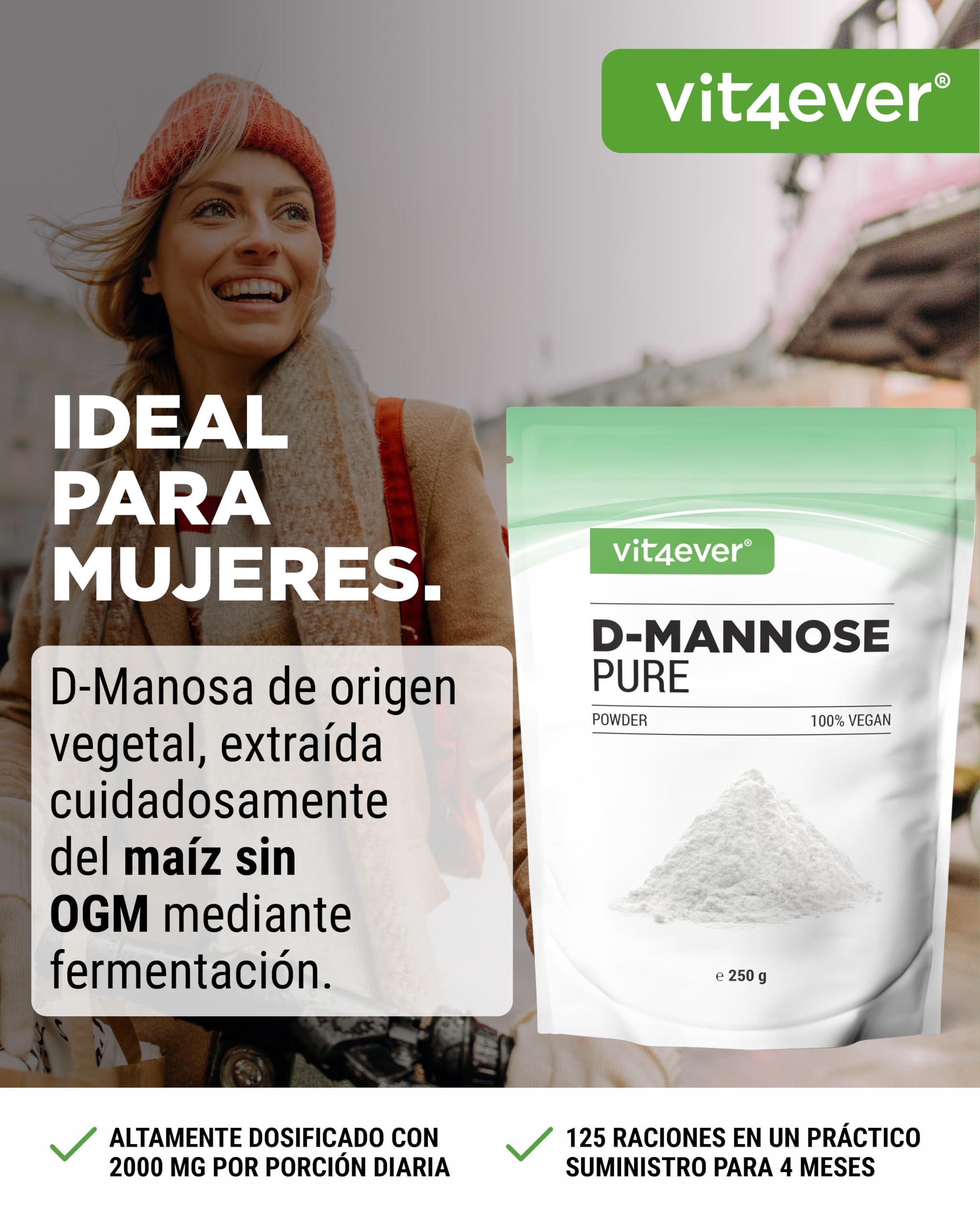D-Manosa en polvo - 250 g - (suministro para 4,1 meses) - De fermentación vegetal - Puro y natural - Sin aditivos - Vegano