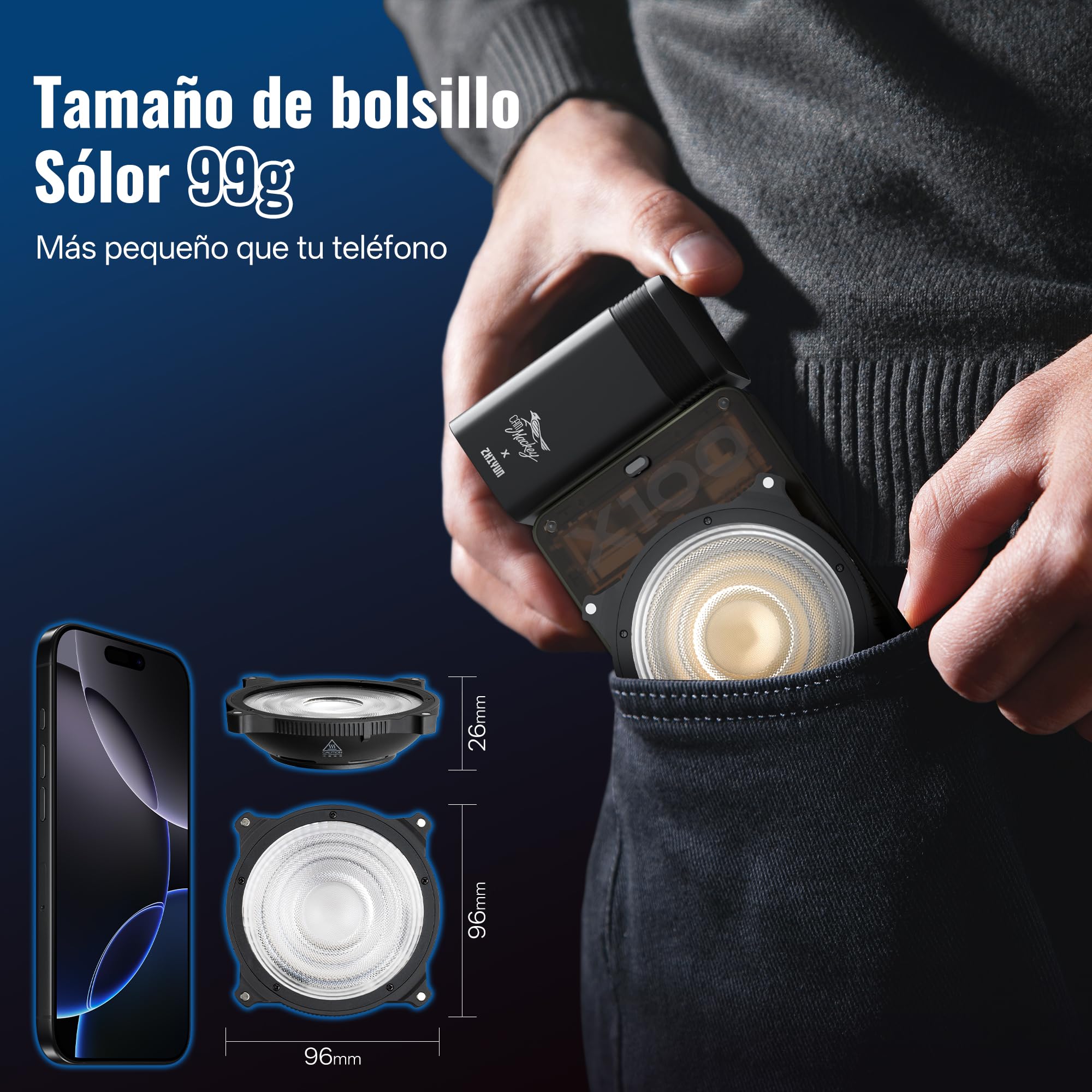 ZHIYUN Mini Reflector de Lente(Montura ZY), Modificador de Luz Ajustable, Aumento de Brillo de 5X, Adecuado para X100RGB, X100Bi-Color, CX100, X60,CX50 Iluminación de Salida Continua Fotografía, 99g