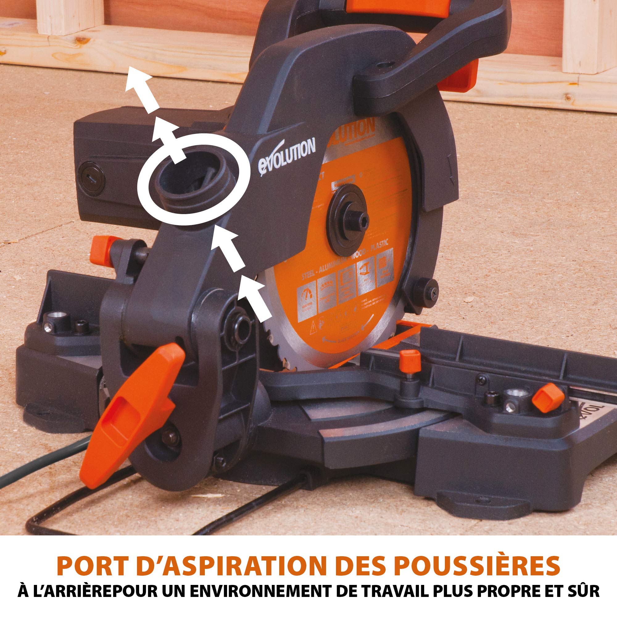 Evolution Power Tools Scie à Onglet Compacte 1200W 210mm Coupe Multi-Matériaux Lame TCT Incluse 45° Angle Onglet et Biseau R210CMS