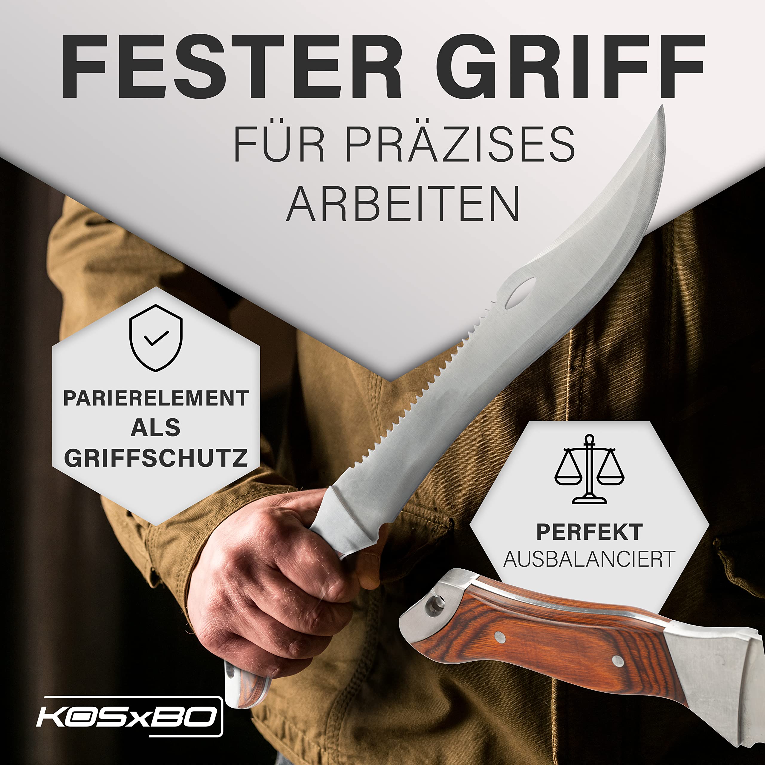 KOSxBO® große Machete mit Säge - Buschmesser - USA Crocodile Dundee Messser - 44,7cm lang - Survival - Freizeitmesser - Outdoor - Jagd - Macheten, braun Silber