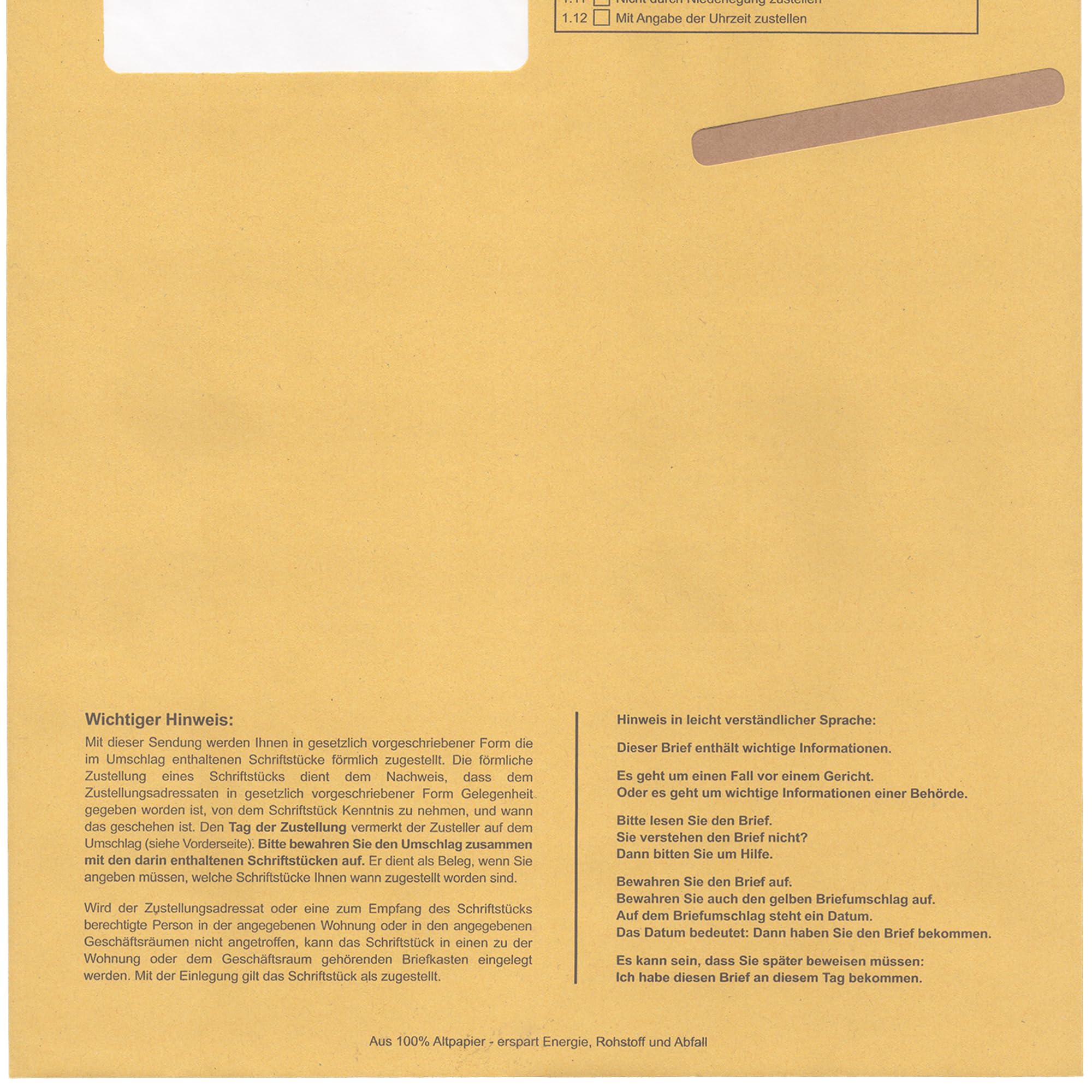 Postzustellungsumschläge C4 „ Förmliche Zustellung “ - Postzustellungshüllen C4 mit Fenster (229 x 324 mm), gelb, haftklebend, 100 g/m² Recyclingpapier – Einsteckschlitz & Inlet (Anzahl 100)