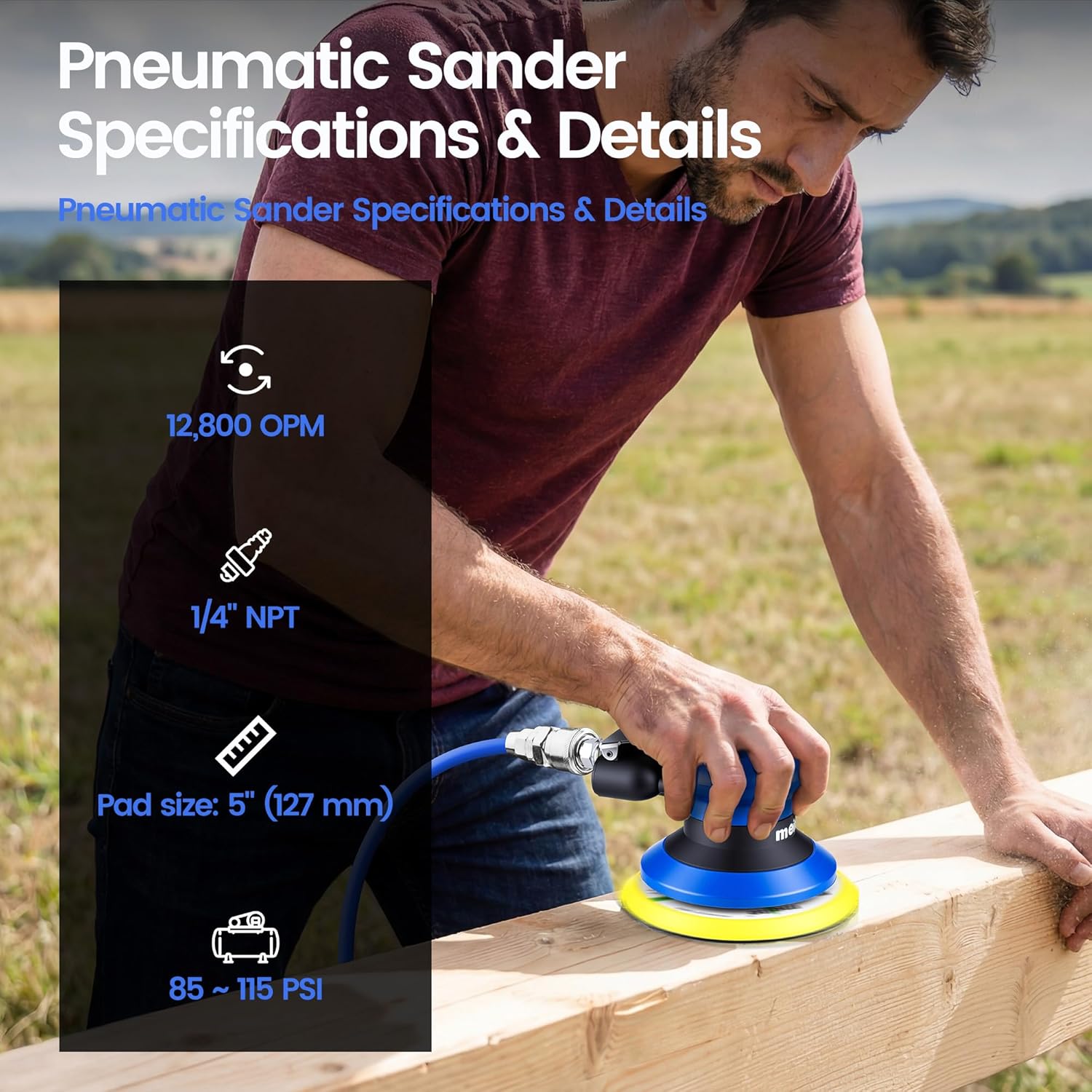 meite Random Orbital Sander, DA Palm Sander with Variable Speed & Low Vibration, Ergonomic Pneumatic Air Sander for Professional & DIY Woodworking (Blue, 5 Inch)