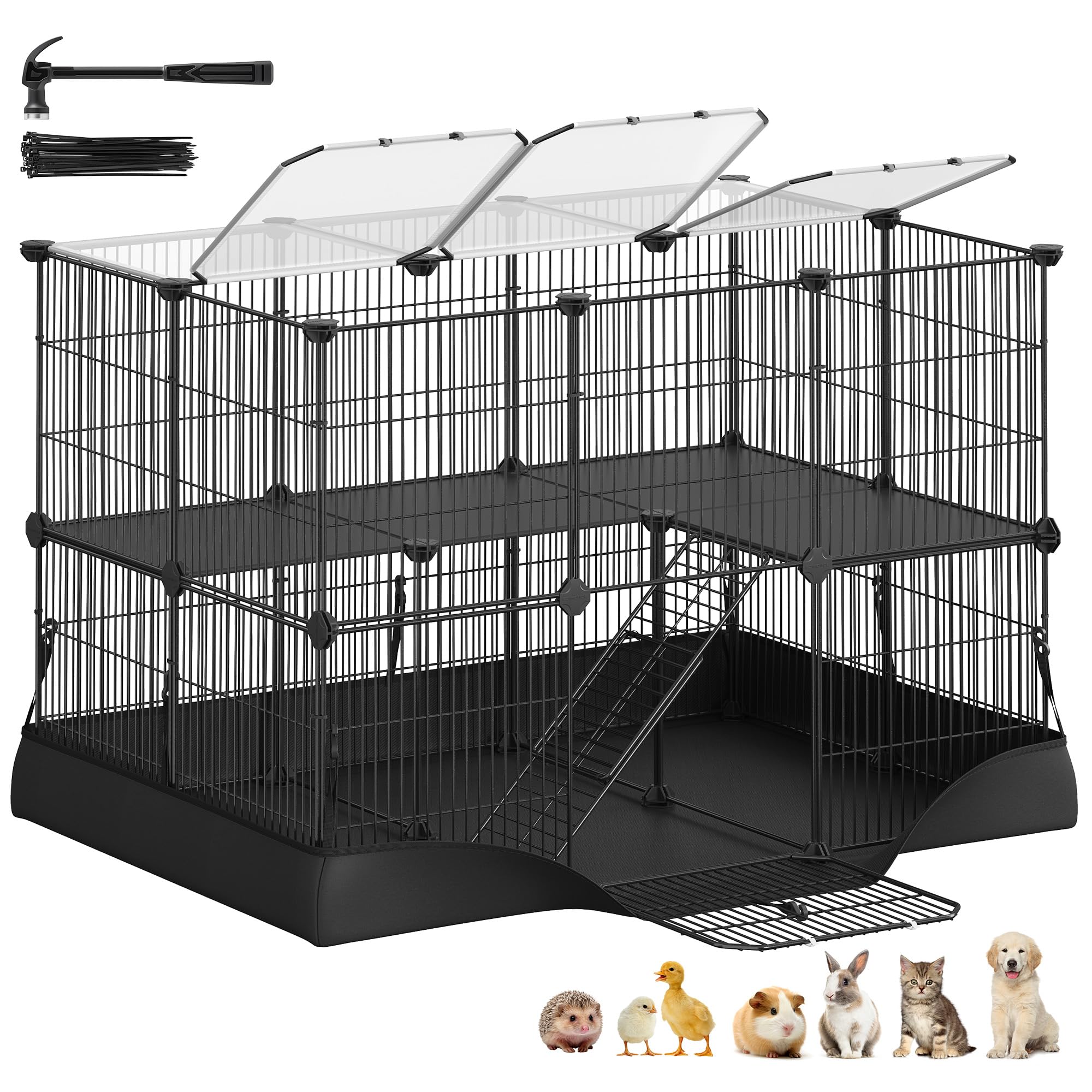 SONGMICS Recinto per Piccoli Animali a 2 Livelli, Parco Recinzione, Tappetino Impermeabile, Doppia Porta, per Conigli, Porcellini d’India, 35 Pannelli, 93 x 63 x 61,5 cm, Nero Inchiostro LPI016BH01