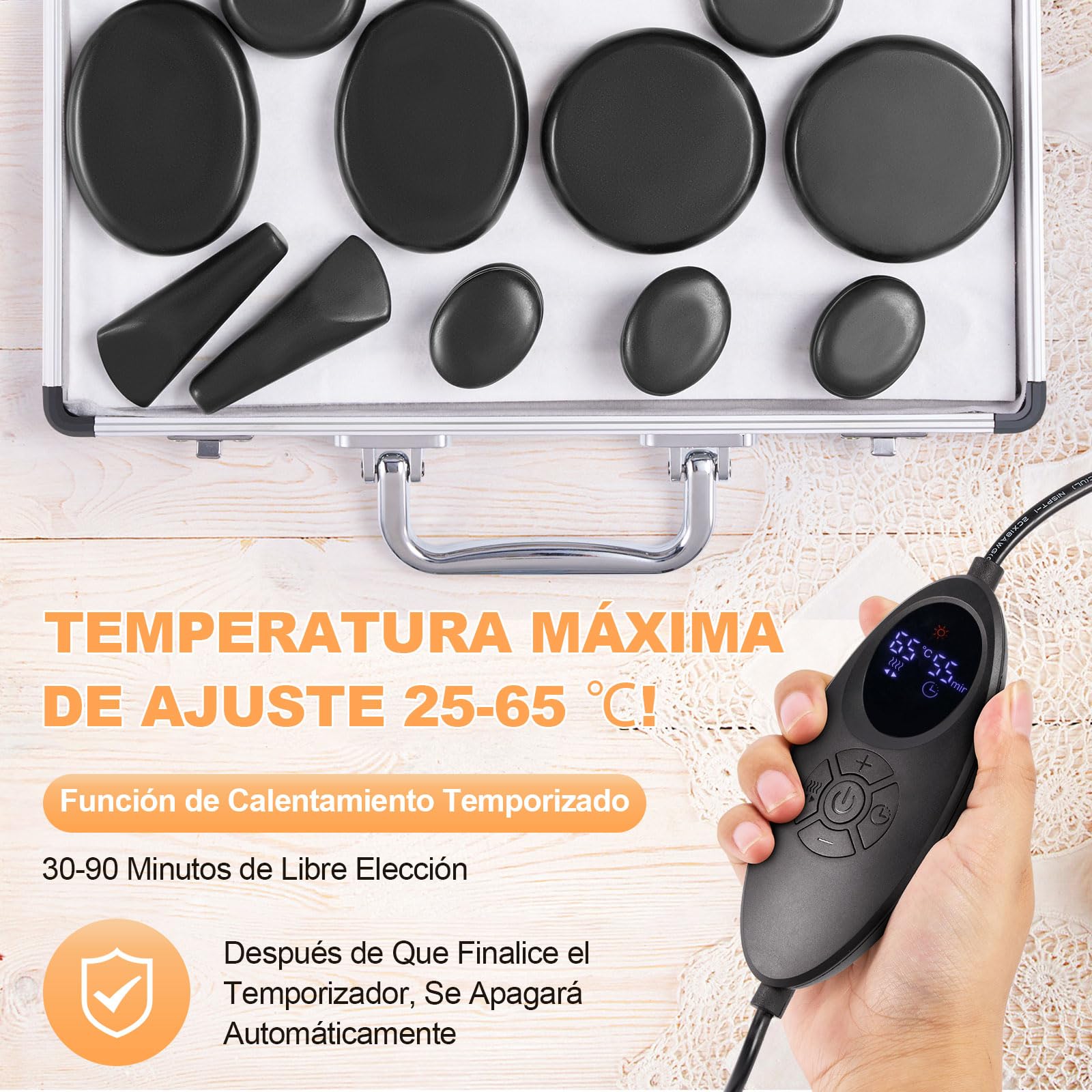 21 Piezas Calentador Piedras Calientes con Control de Temperatura,Kit Piedras Calientes Hot Stones Massager de Basalto para Masaje de Cuerpo Completo Spa Relajación (21 Piezas)