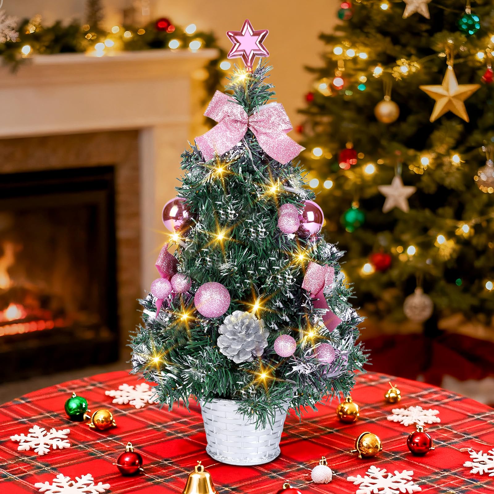 Greyghost Small Christmas Tree with Lights, 45CM Pre-Lit & Pre-decorated Desk Tree with Star Topper, Pink Artificial Mini Christmas Tree for Home Office Tabletop Decor, Indoor Christmas Trees Gift